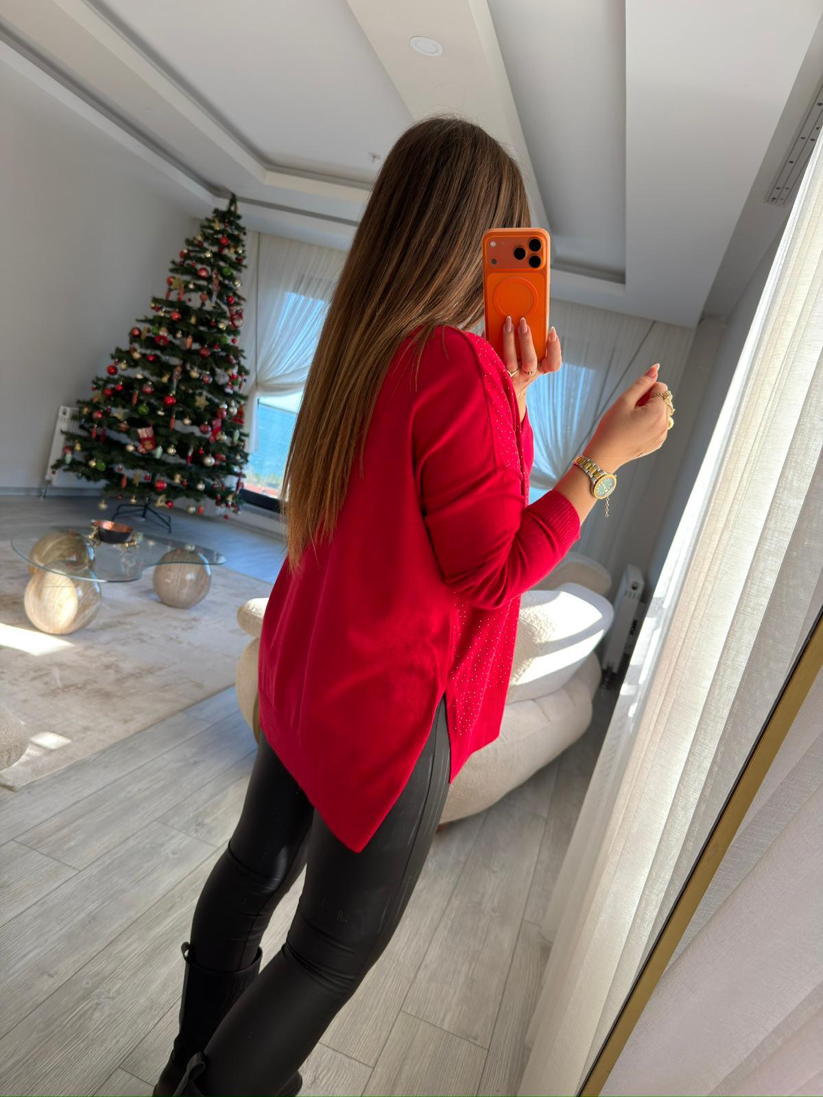 5423 Taşlı Triko KIRMIZI