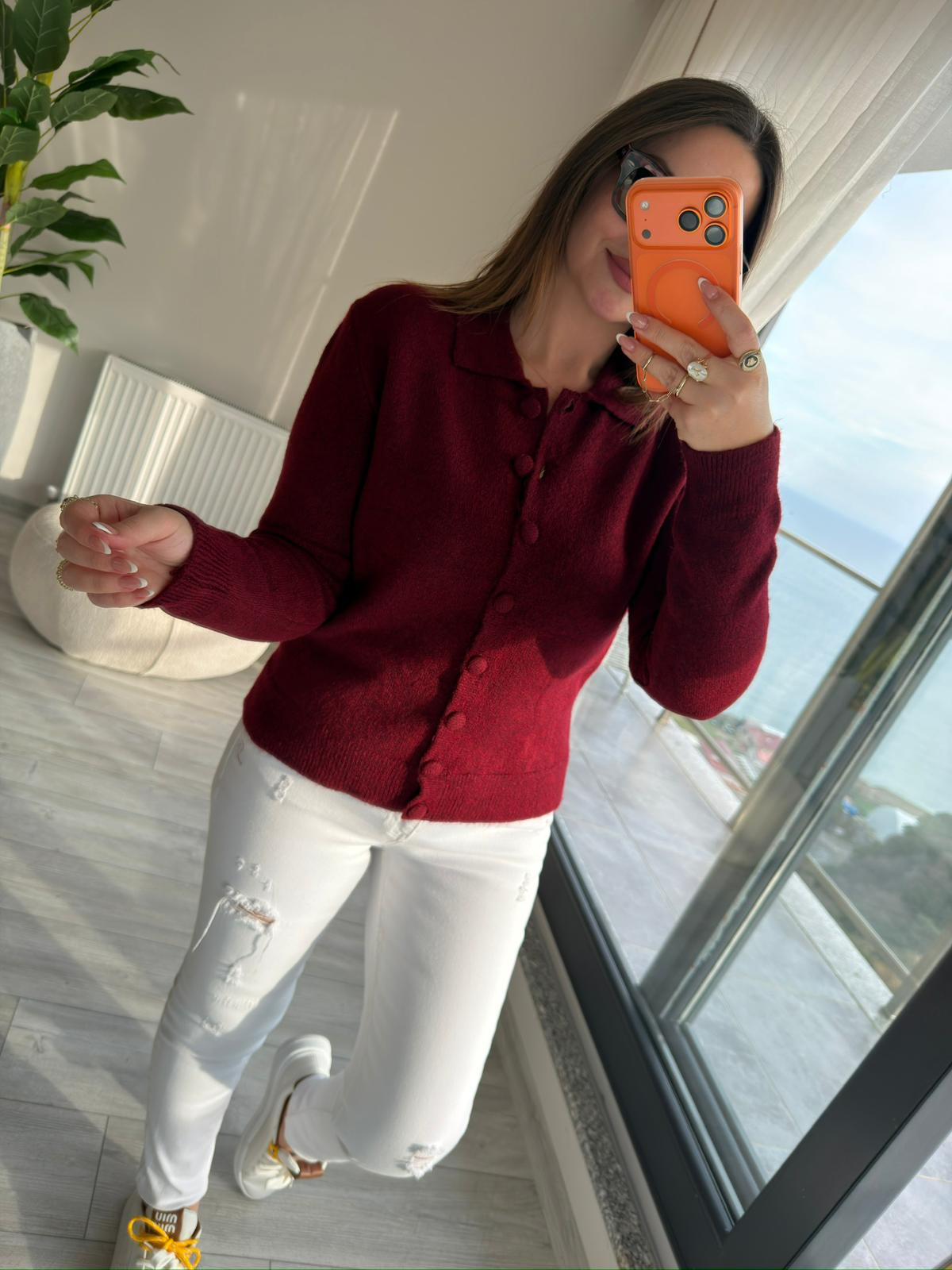 5727 Polo Yaka Triko Hırka BORDO