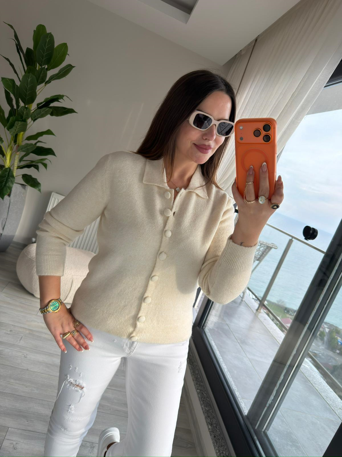 5727 Polo Yaka Triko Hırka KEMİK