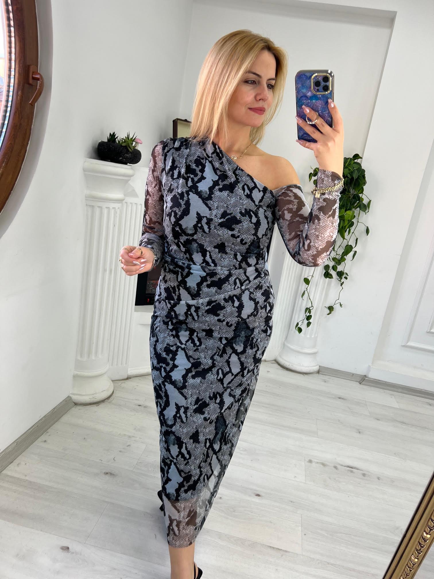58605 Omuz Detay Tül Elbise FÜME