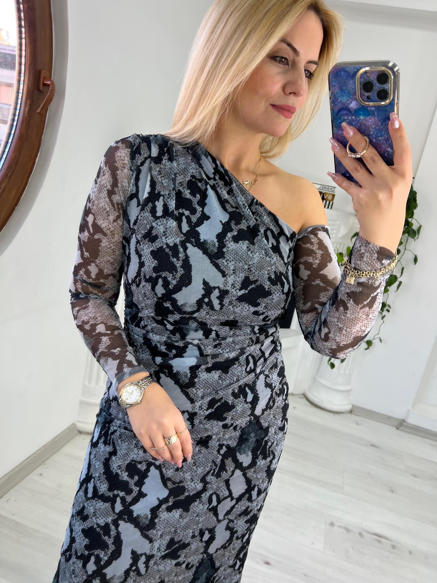 58605 Omuz Detay Tül Elbise FÜME