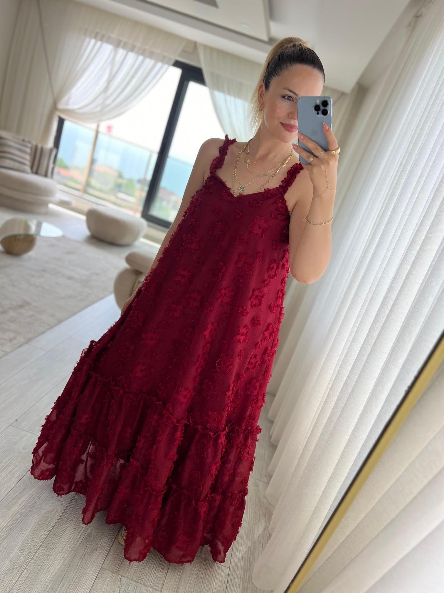 6110 Askılı Tül Elbise BORDO