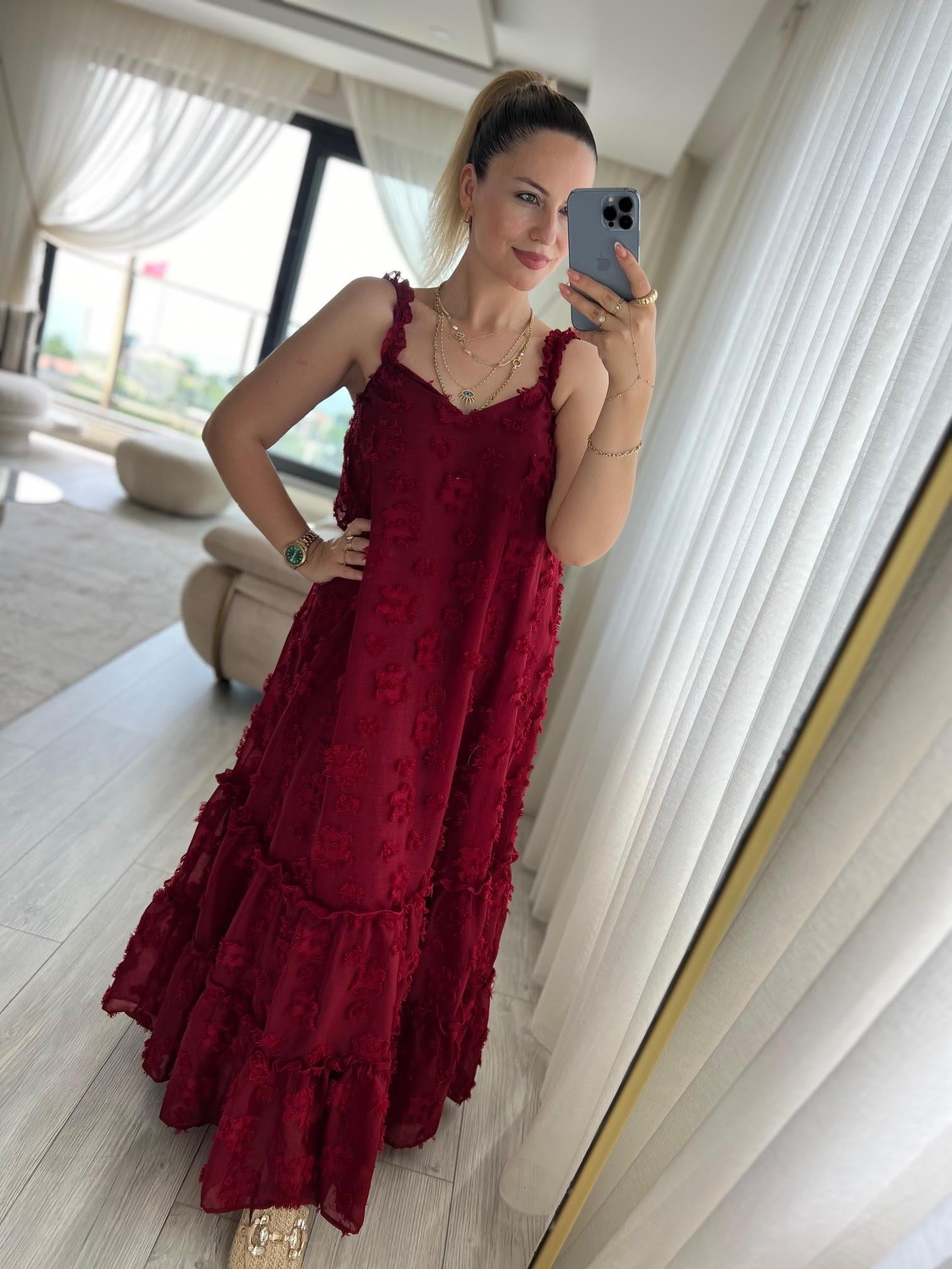 6110 Askılı Tül Elbise BORDO