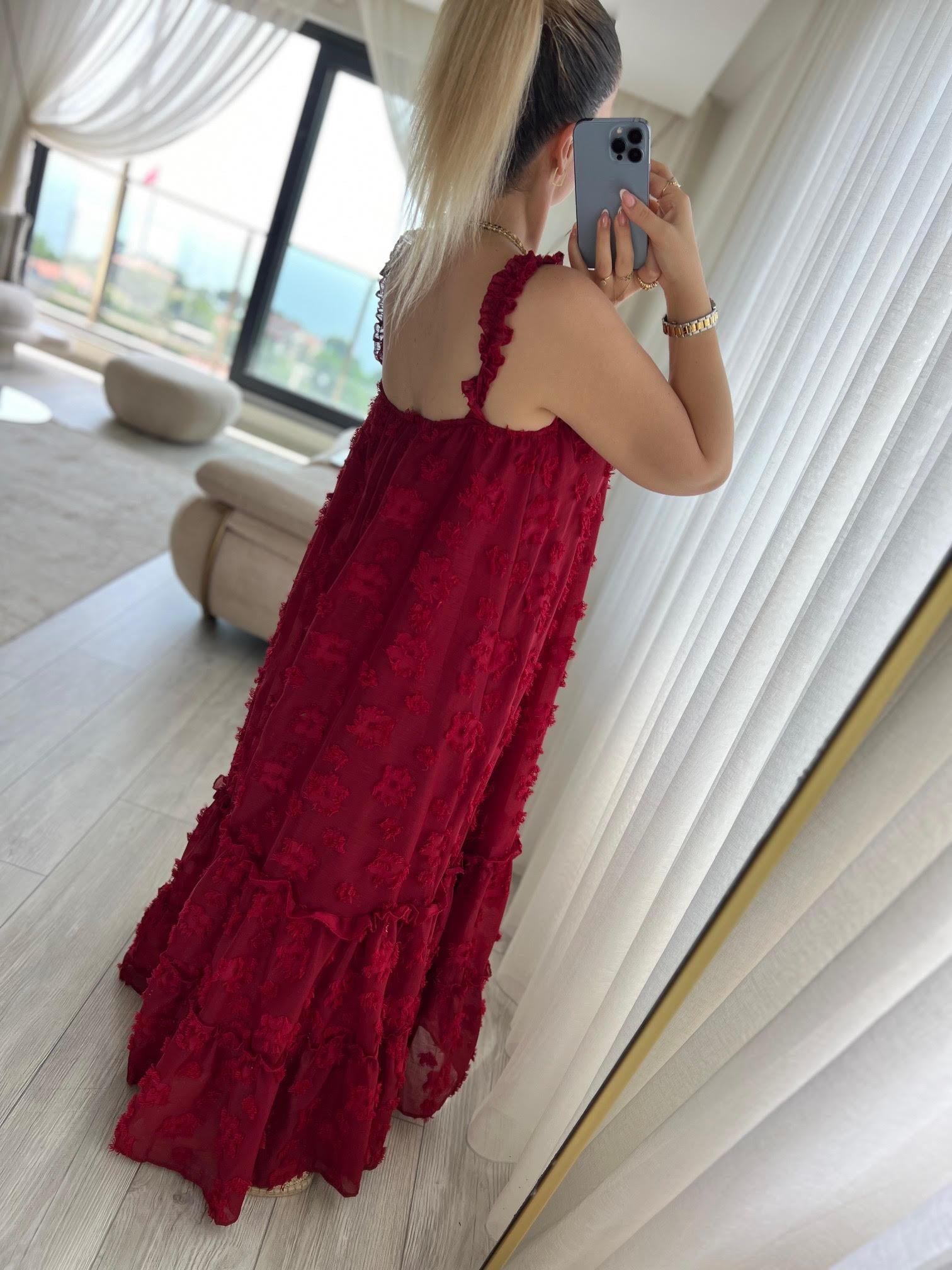 6110 Askılı Tül Elbise BORDO