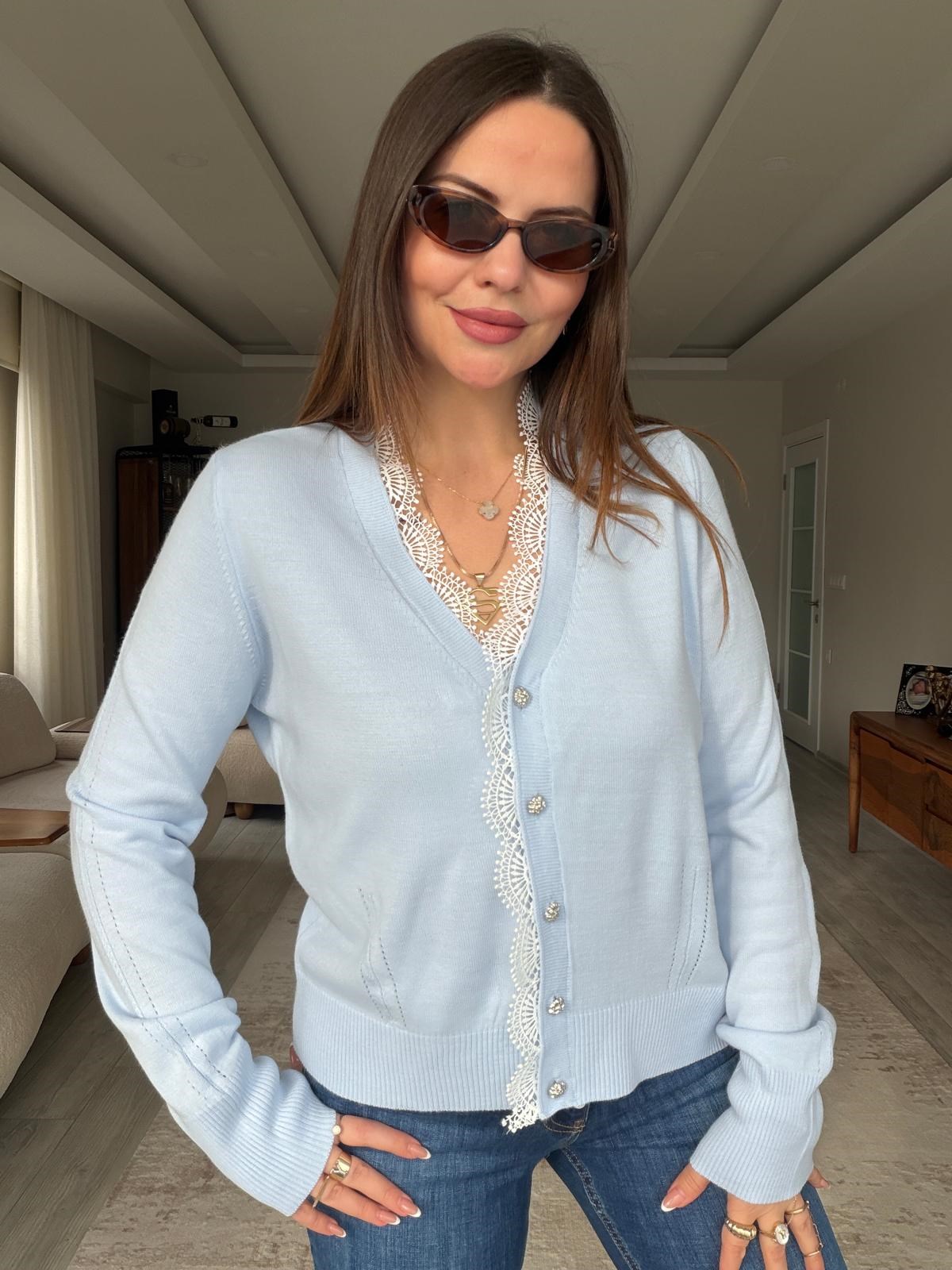 6406 Dantel Detay Hırka BEBE MAVİ