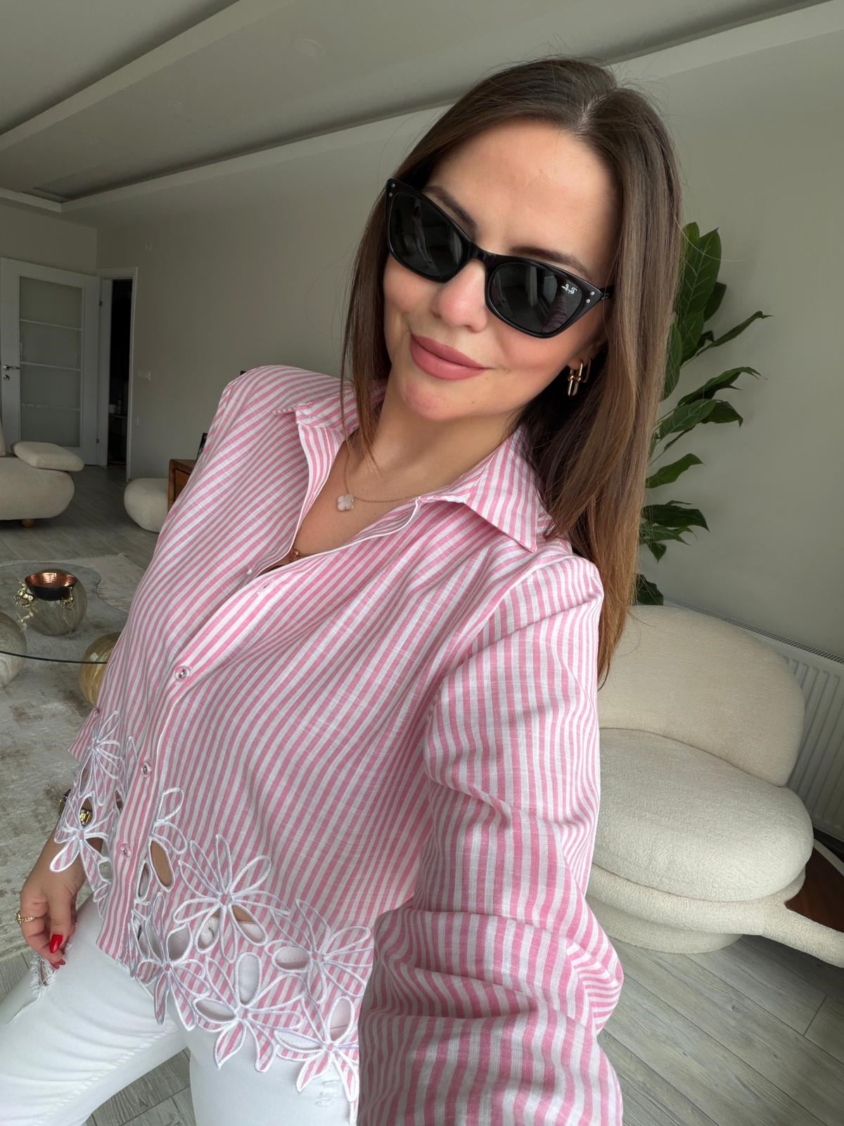 6415 Çizgili Nakşlı Gömlek PEMBE