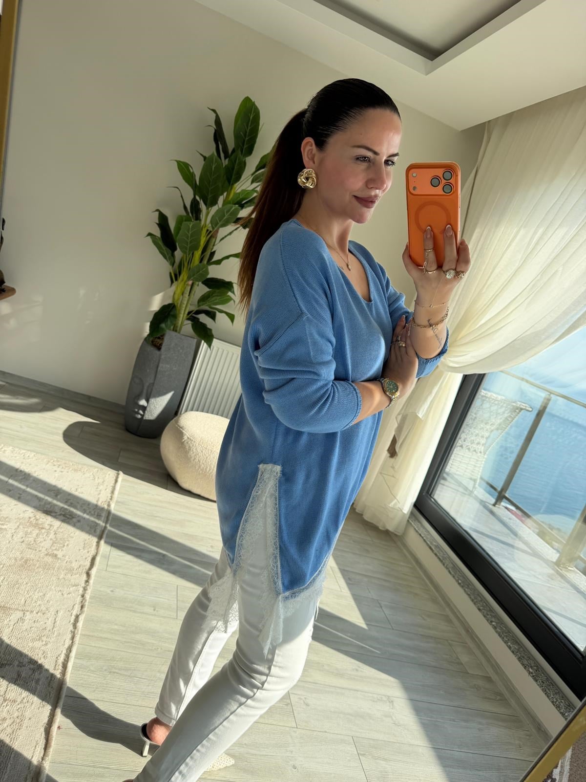 6703 Dantelli V Yaka Triko BEBE MAVİ