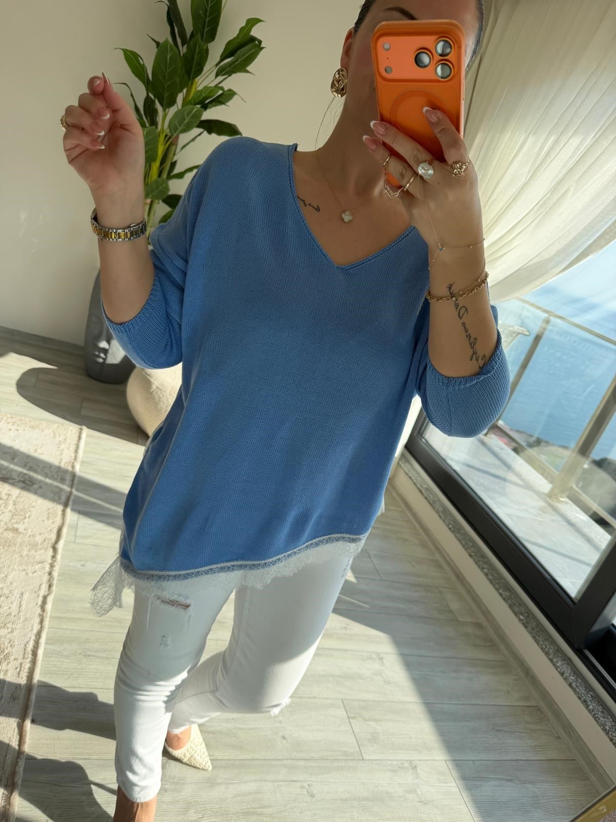 6703 Dantelli V Yaka Triko BEBE MAVİ