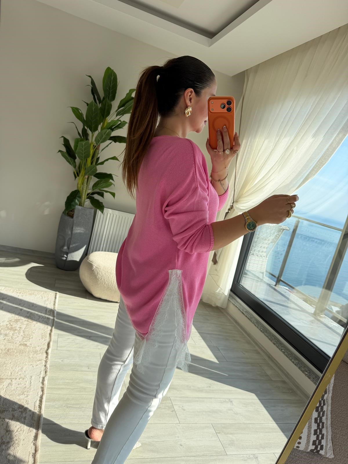 6703 Dantelli V Yaka Triko PEMBE