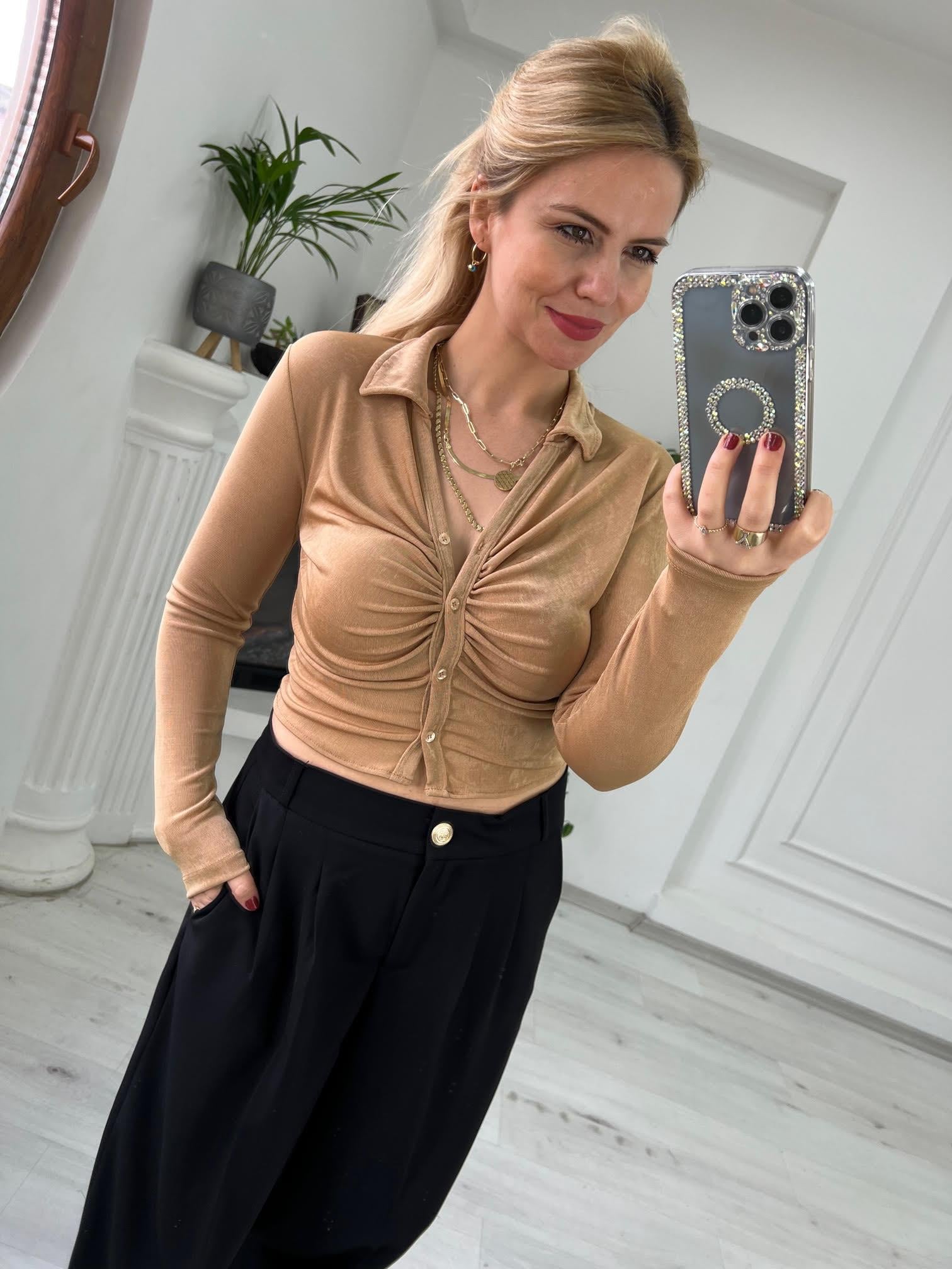 6845 Önü Büzgülü Buzzy Bluz CAMEL