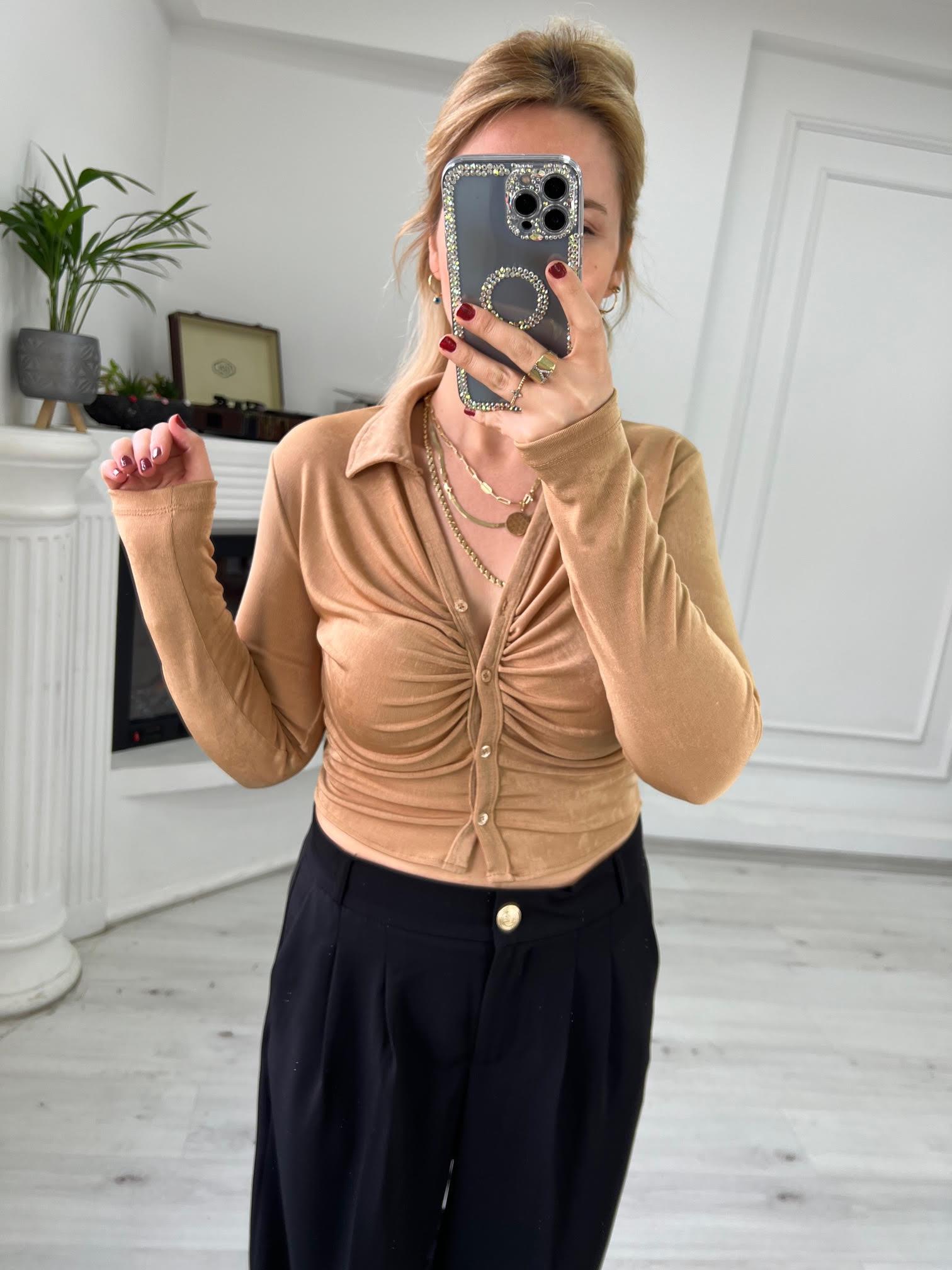 6845 Önü Büzgülü Buzzy Bluz CAMEL