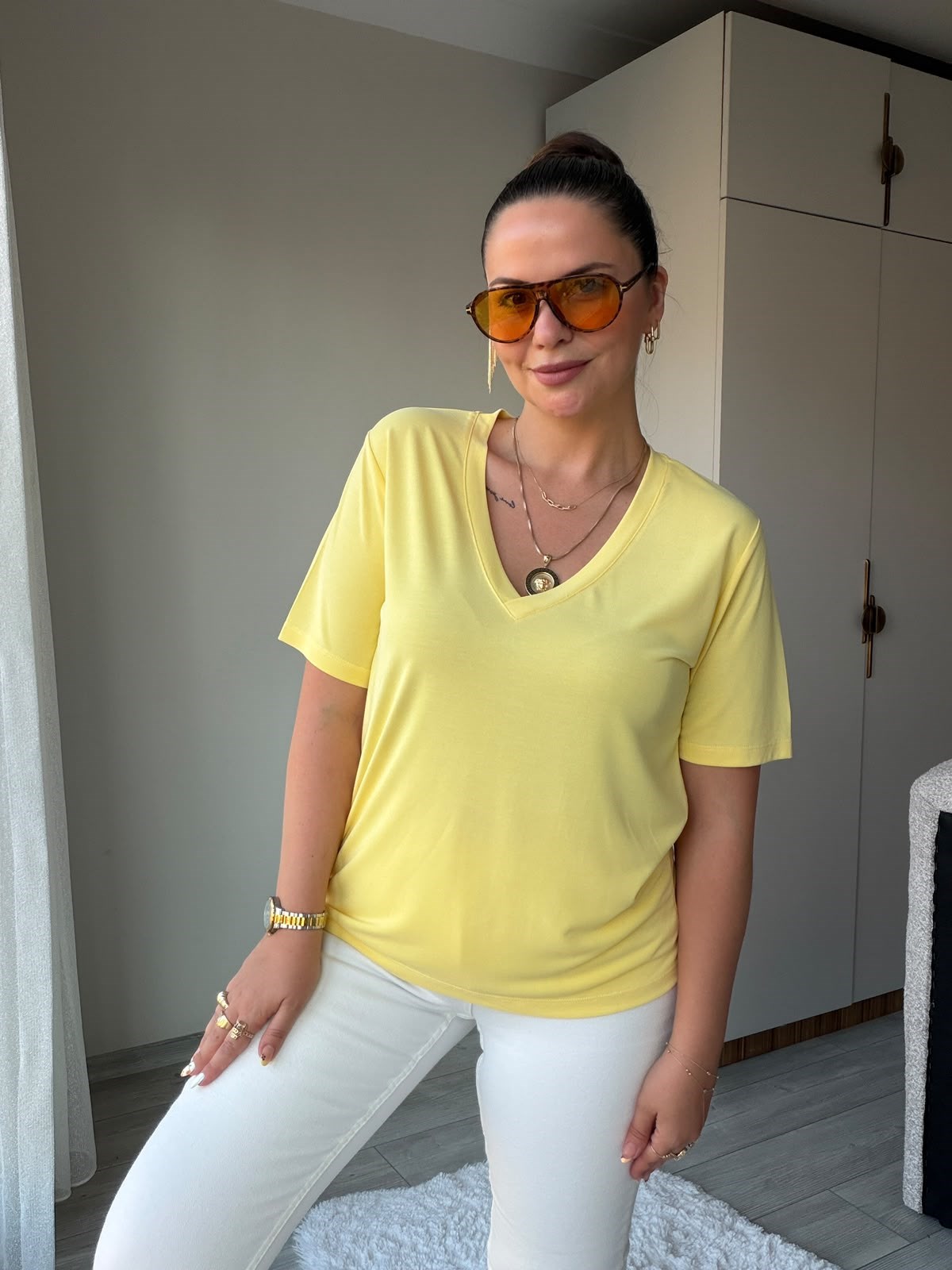 690 V Yakalı Modal Tshirt SARI
