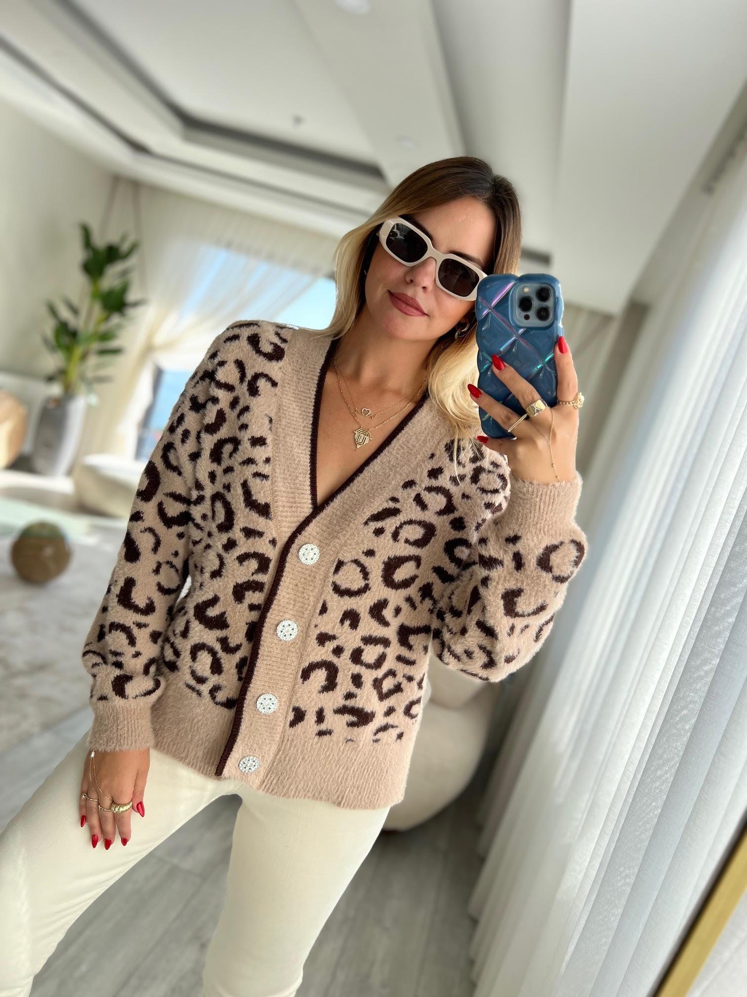 7588 Angora Leopar Desenli Hırka BİSKÜVİ