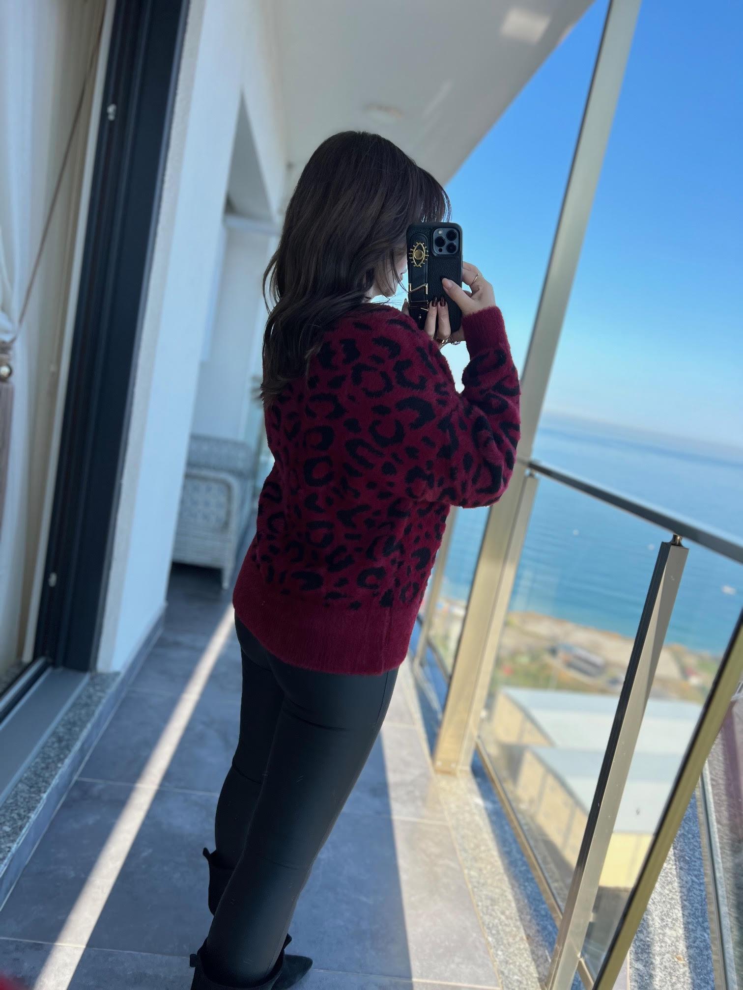 7588 Angora Leopar Desenli Hırka BORDO