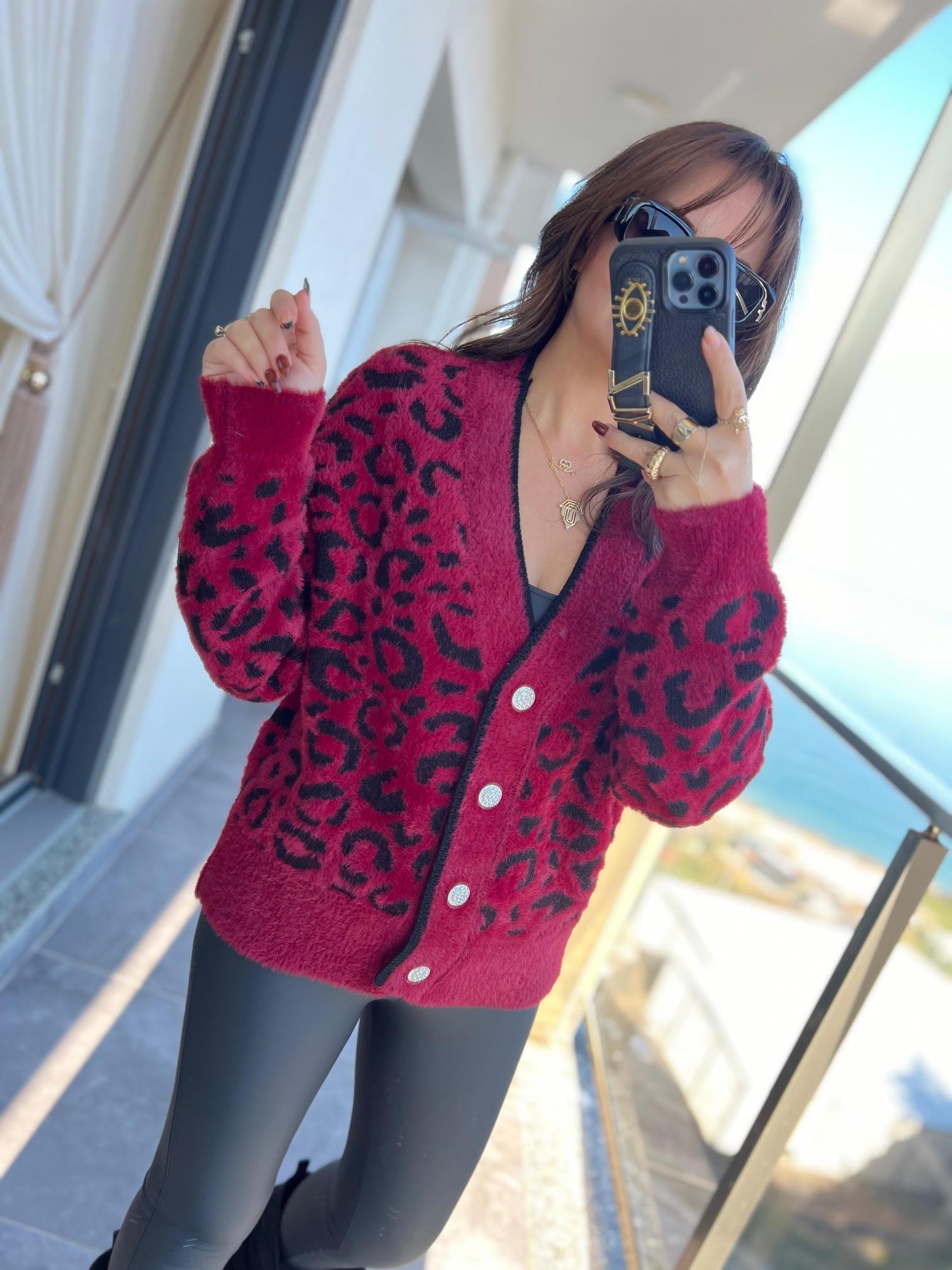 7588 Angora Leopar Desenli Hırka BORDO