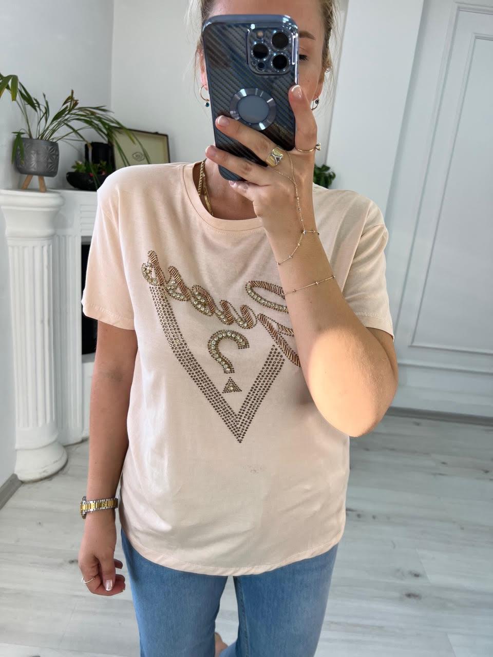 7596 Boncuk İşlemeli Tshirt BEJ