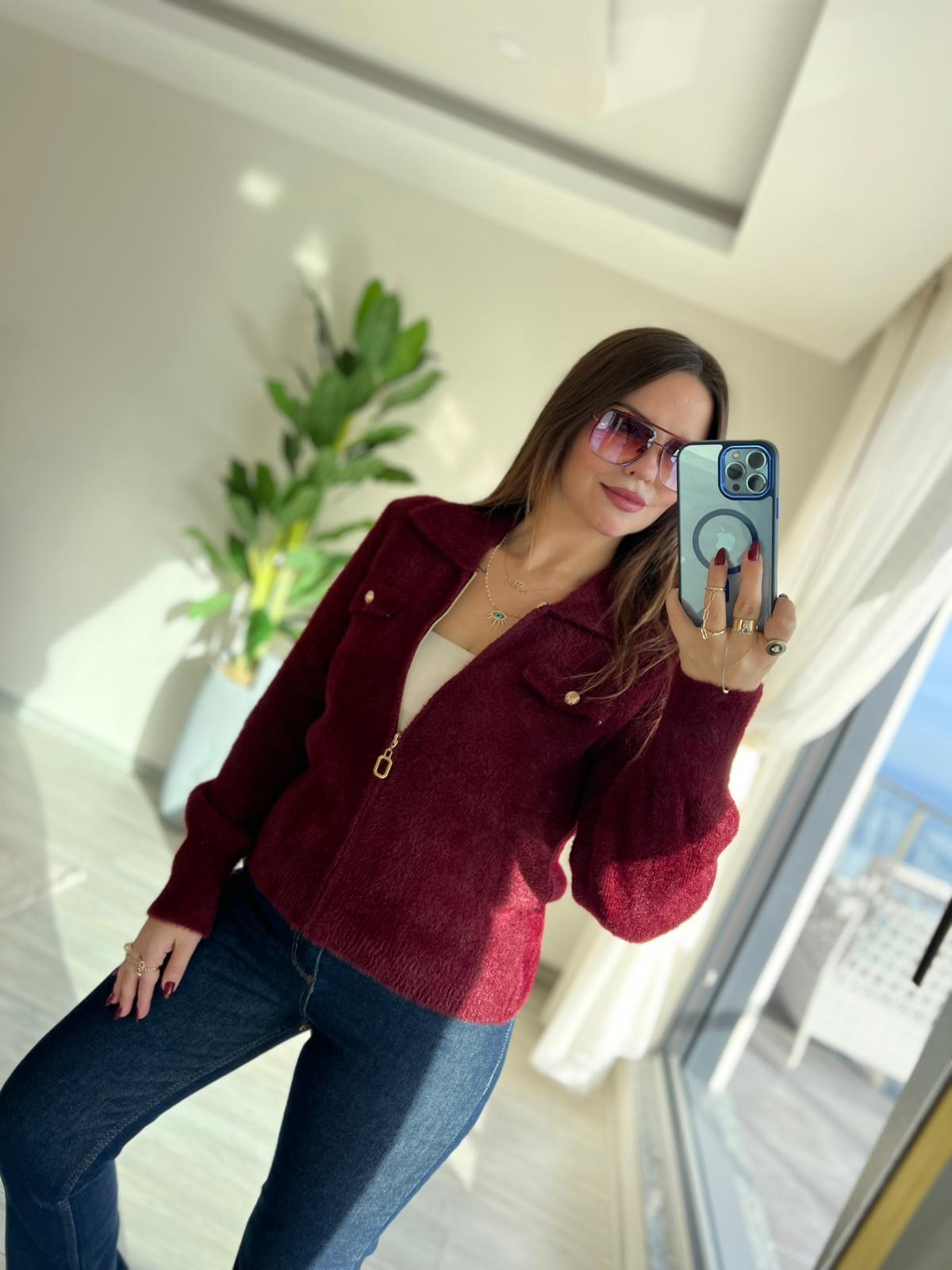 7601 Angora Fermuarlı Hırka BORDO