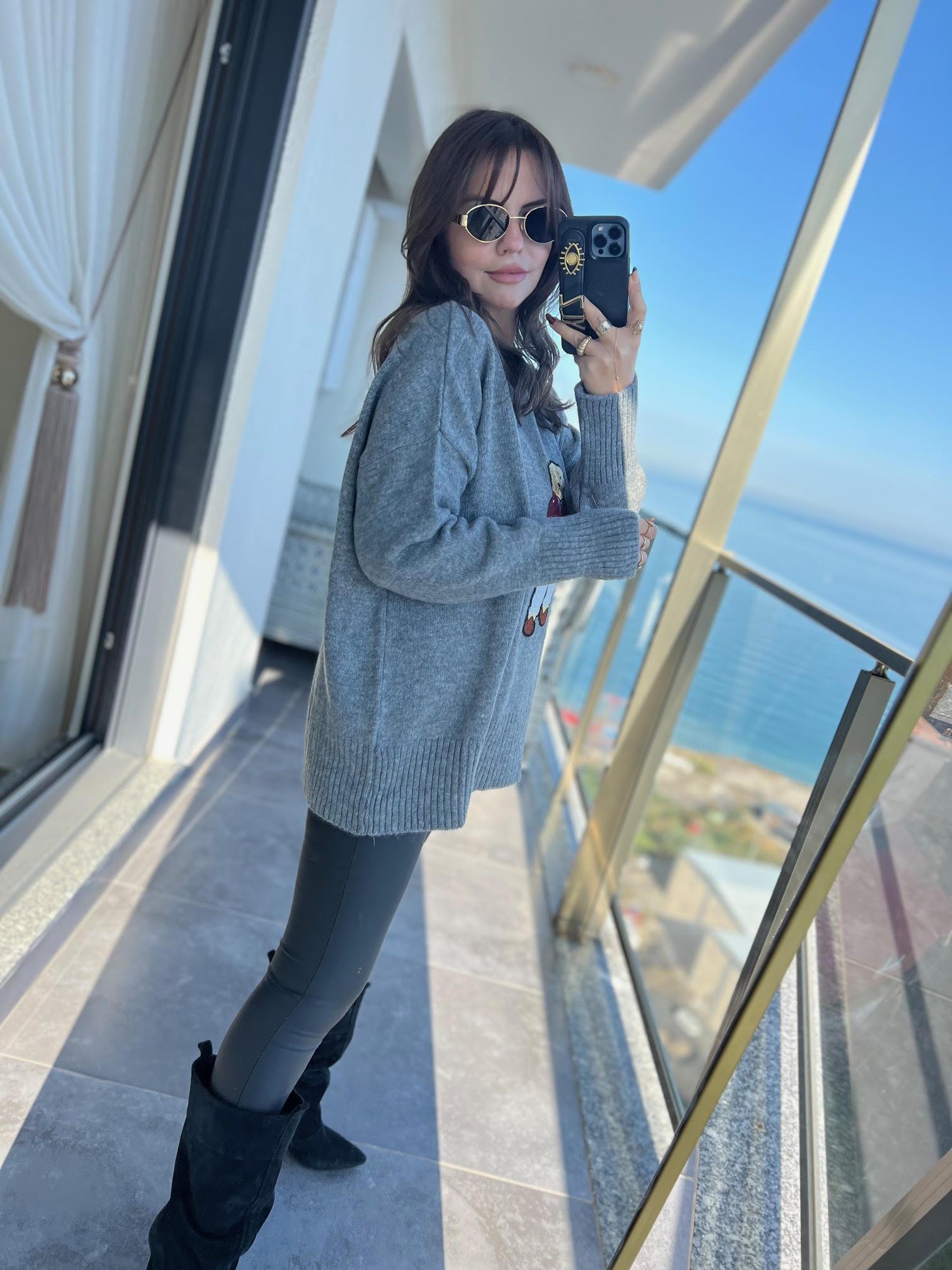 7646 Şardonlu Ayıcık Desenli Kazak GRİ