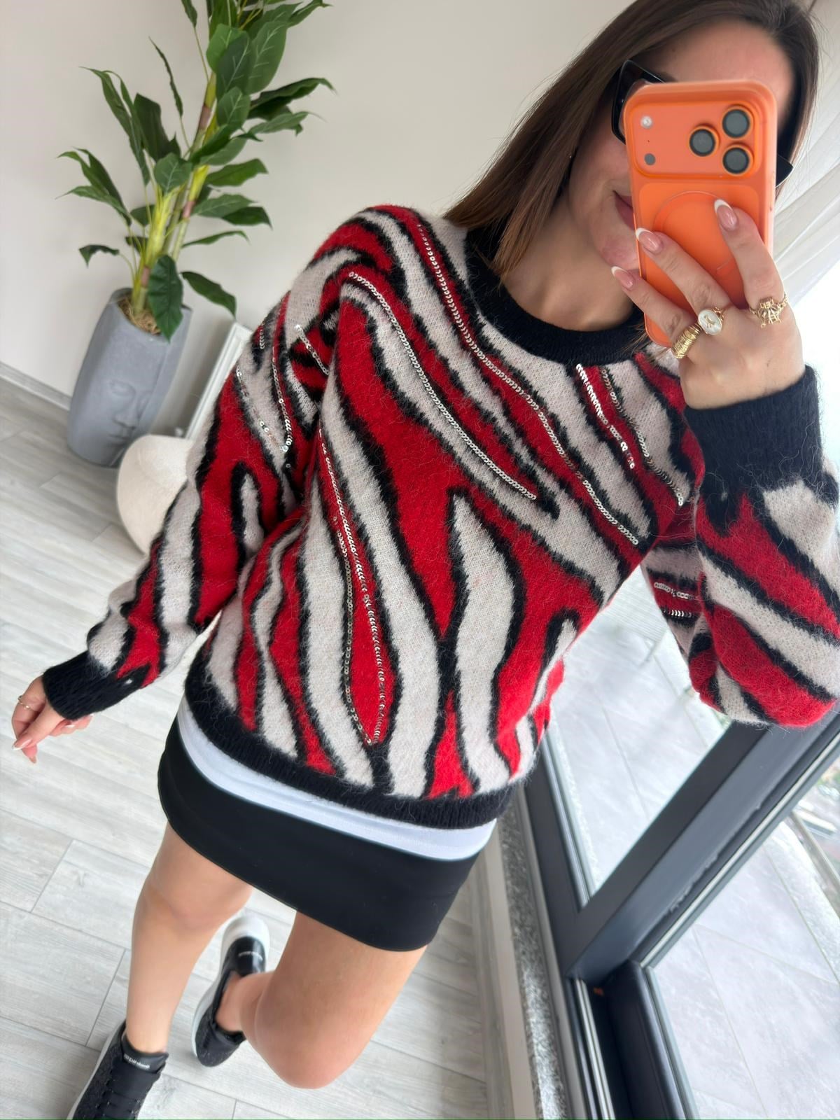 7807 Zebra Desen Pullu Kazak KIRMIZI