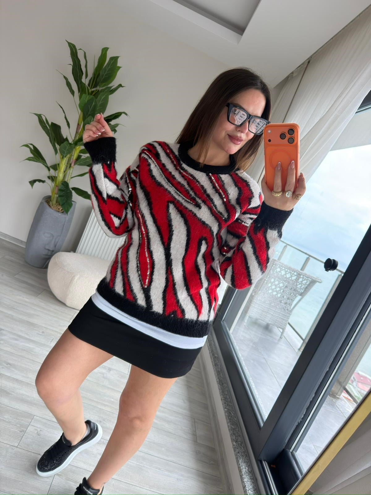 7807 Zebra Desen Pullu Kazak KIRMIZI