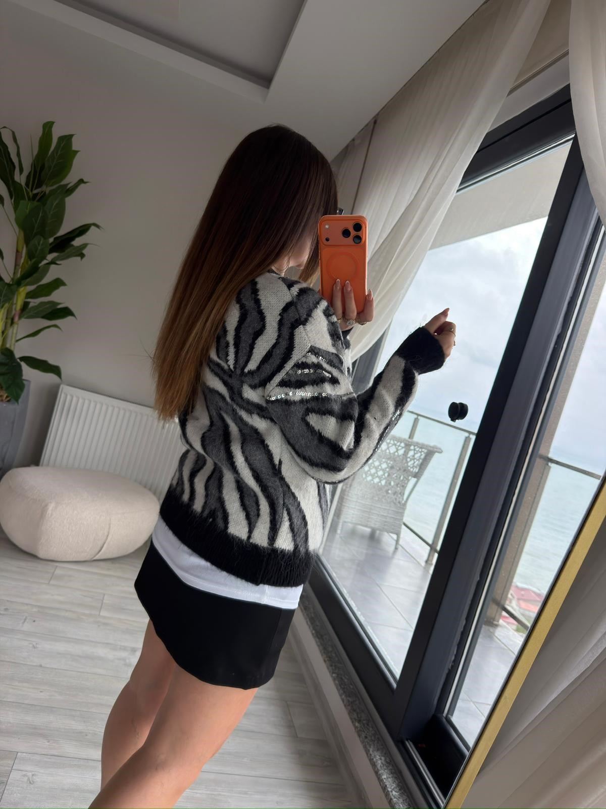 7807 Zebra Desen Pullu Kazak SİYAH