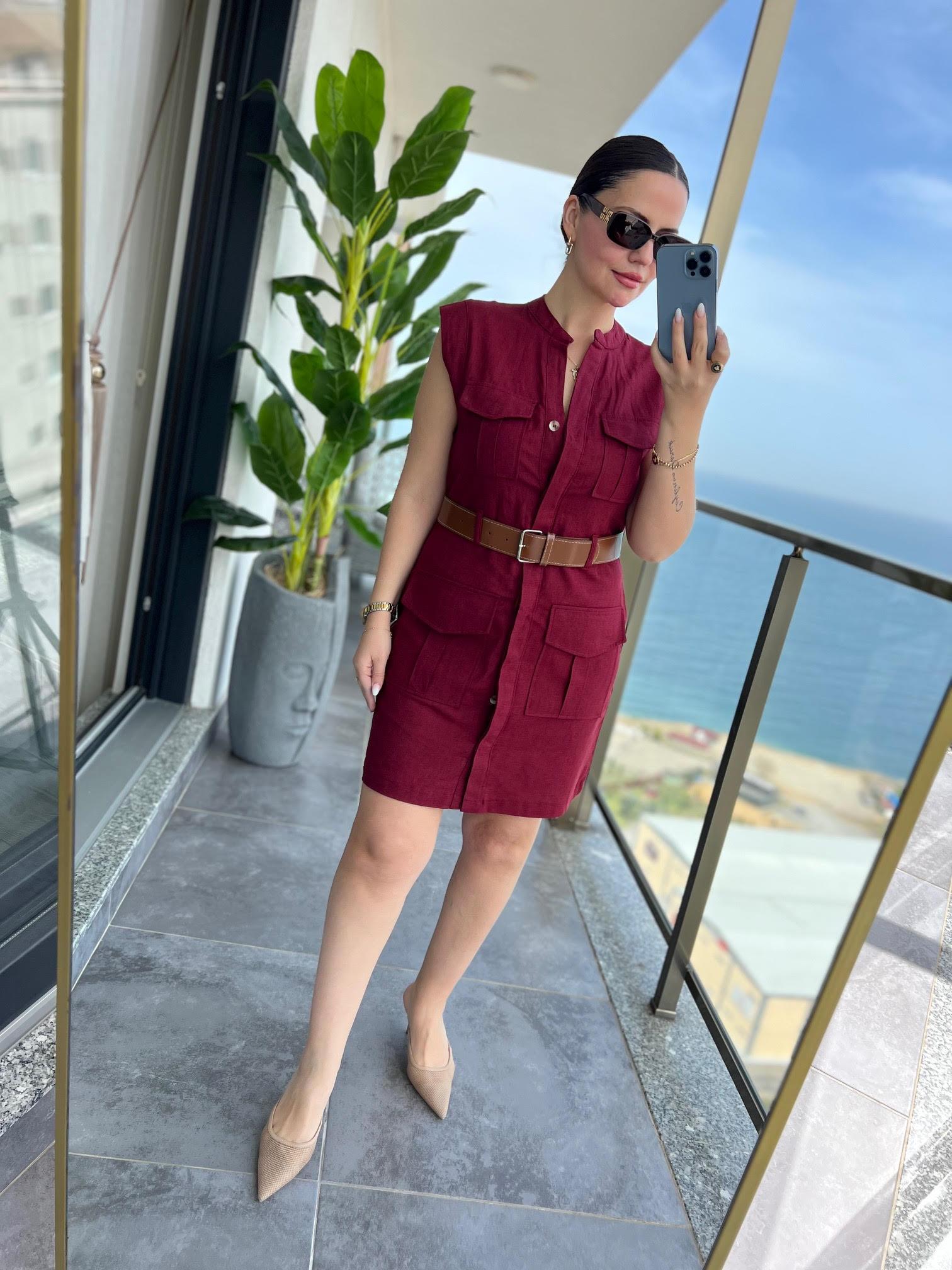 8100 Keten Safari Elbise BORDO