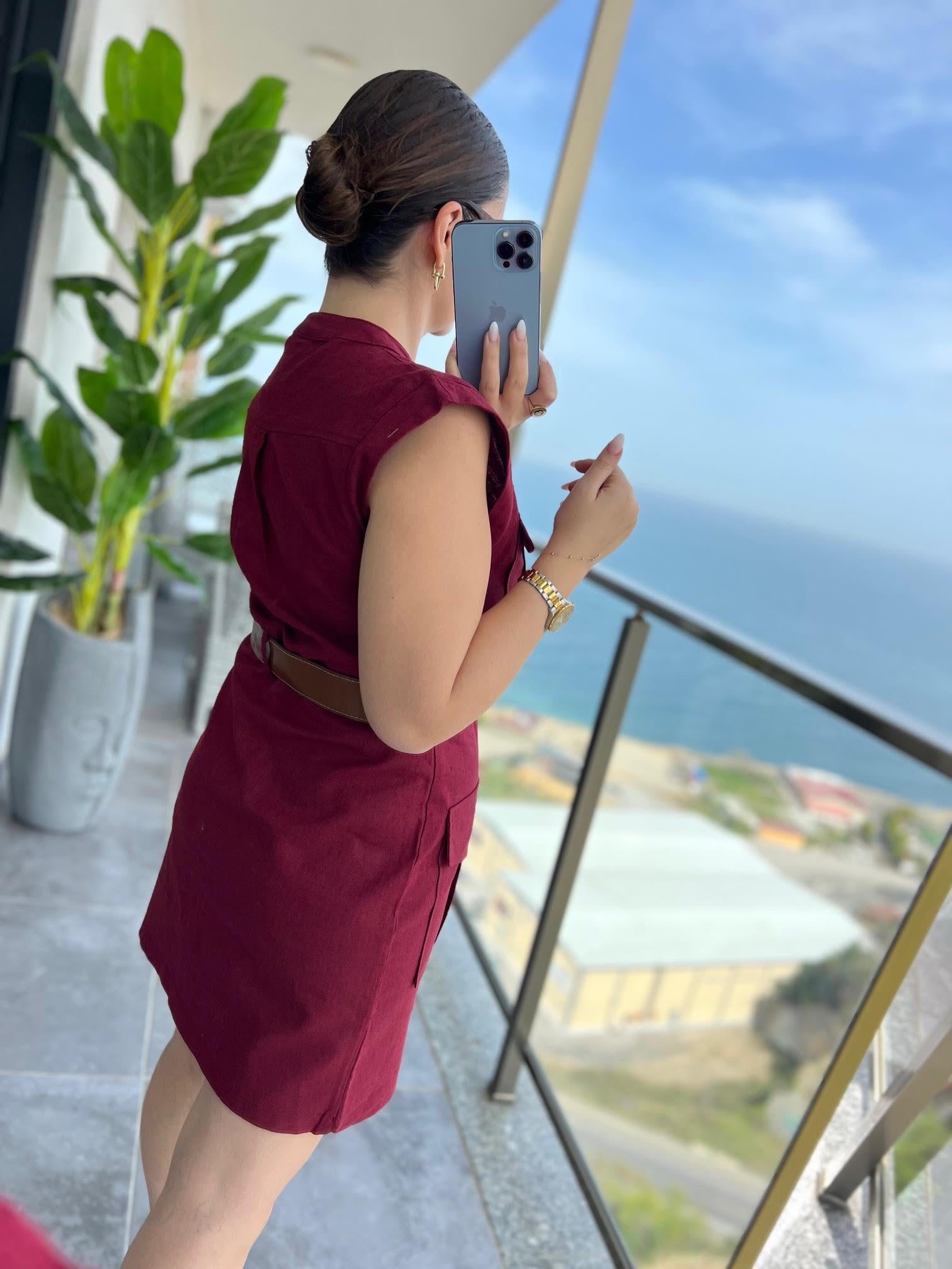 8100 Keten Safari Elbise BORDO