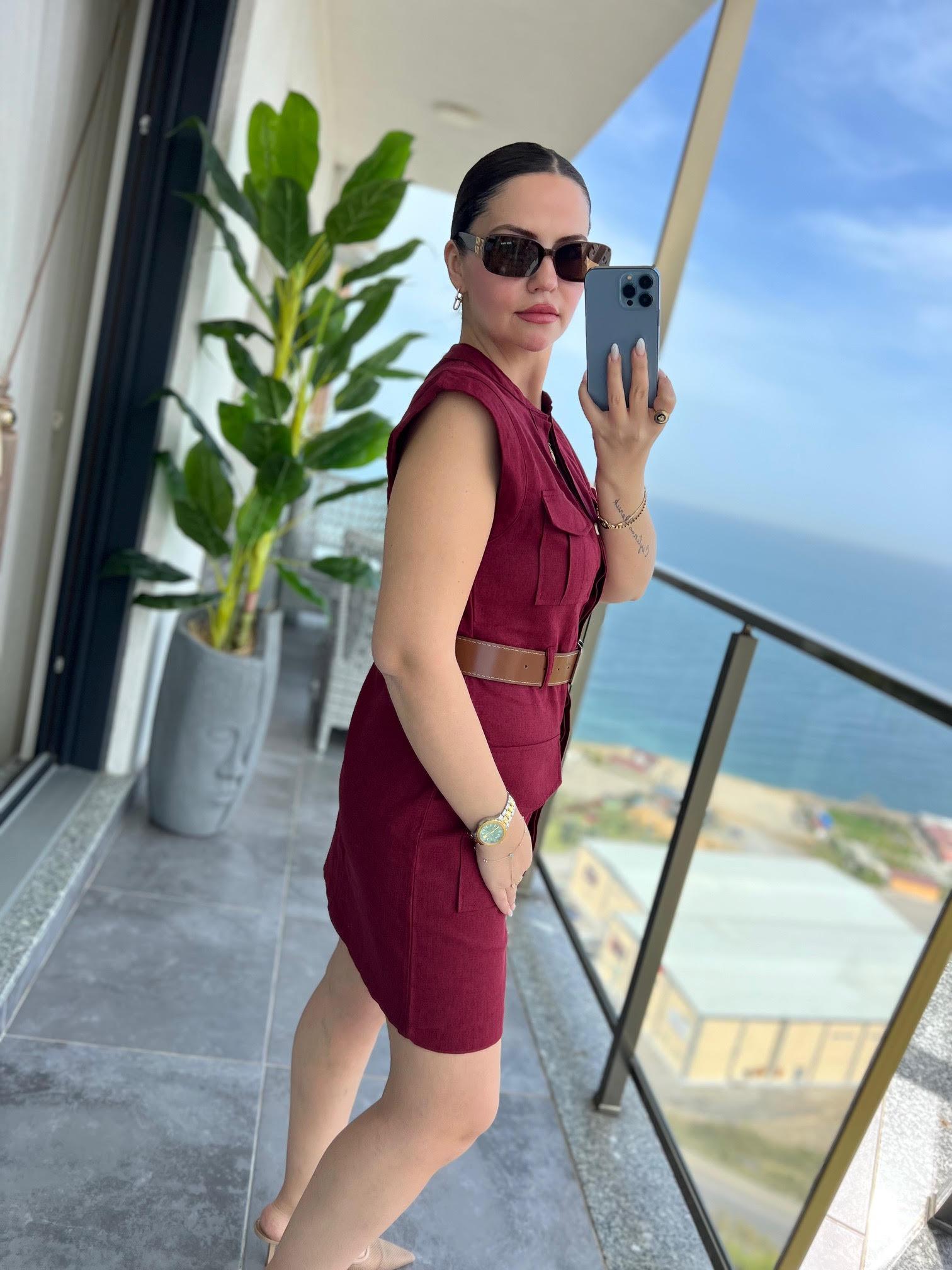 8100 Keten Safari Elbise BORDO