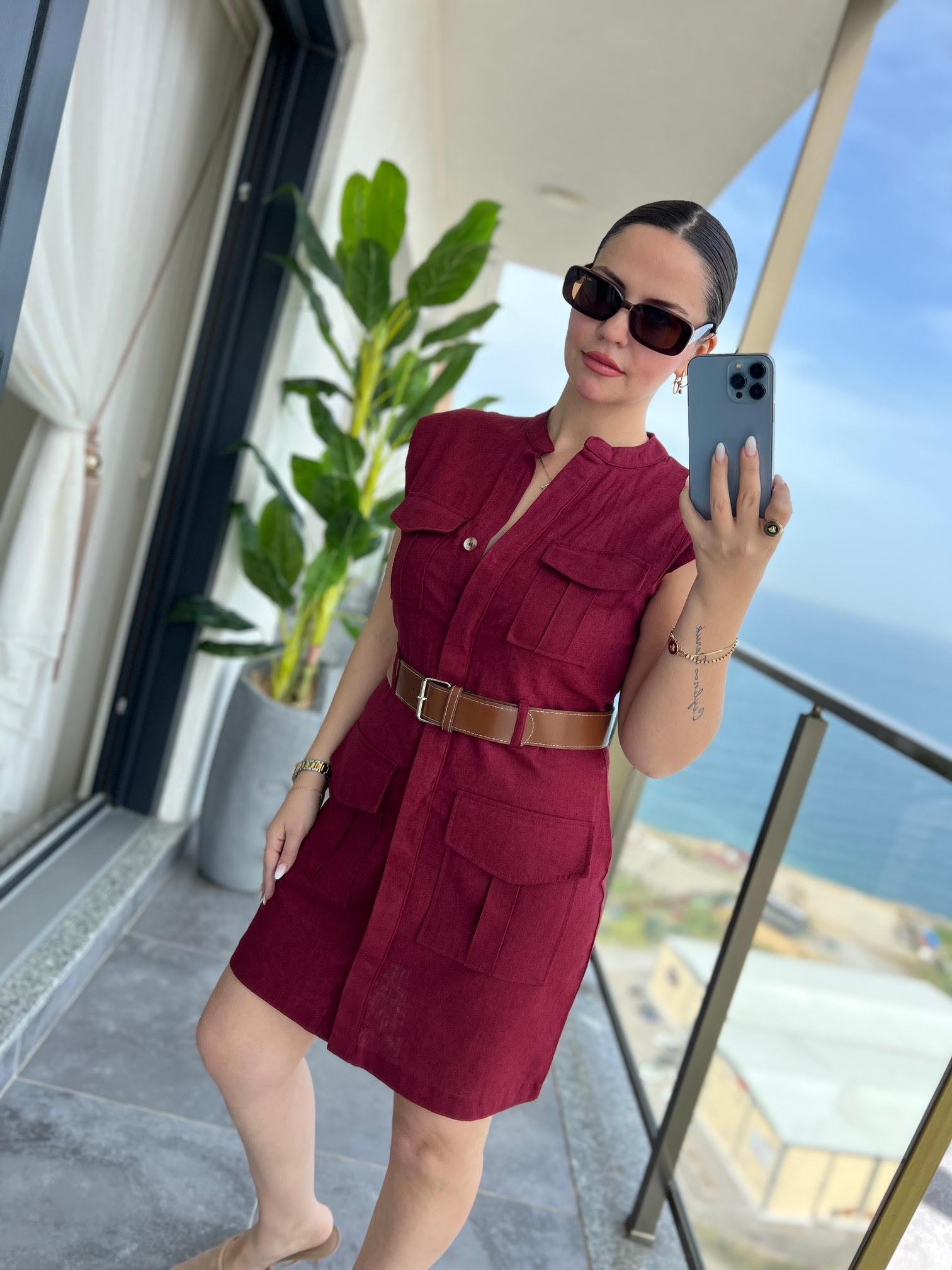 8100 Keten Safari Elbise BORDO