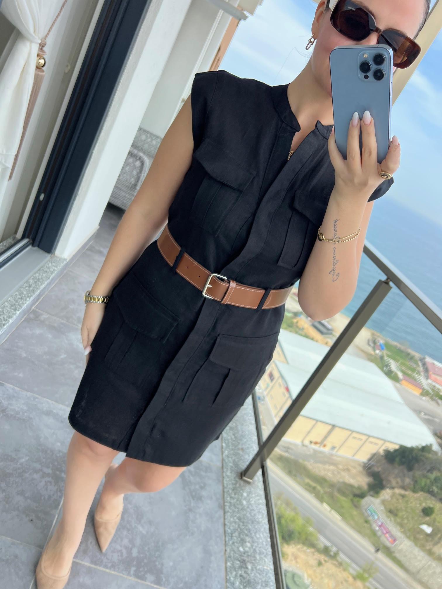 8100 Keten Safari Elbise SİYAH