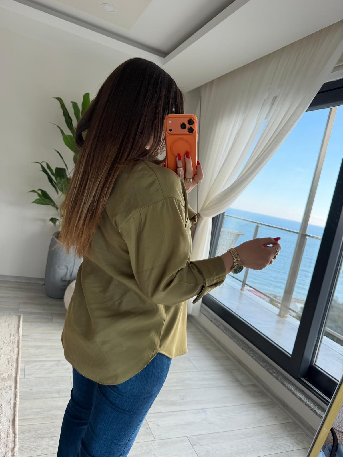 8410 Şal Flar Detaylı Gömlek olive