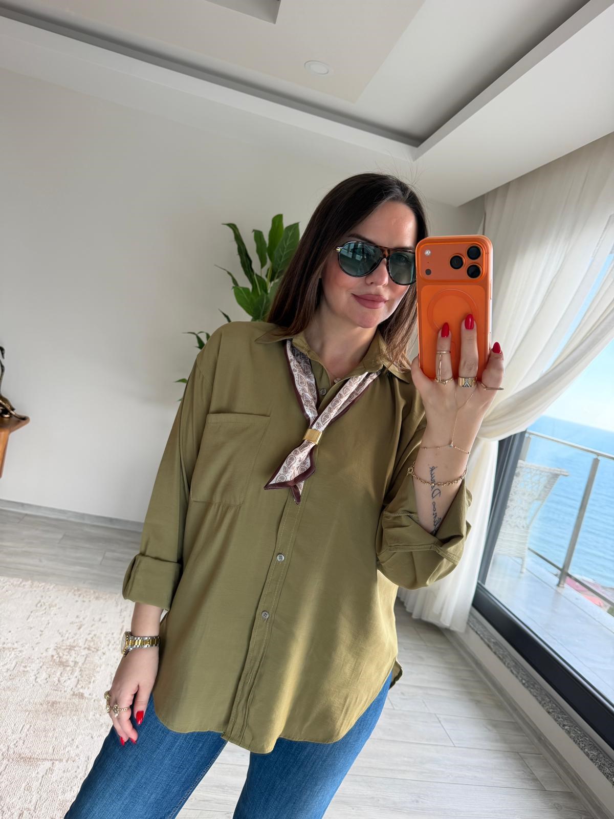 8410 Şal Flar Detaylı Gömlek olive
