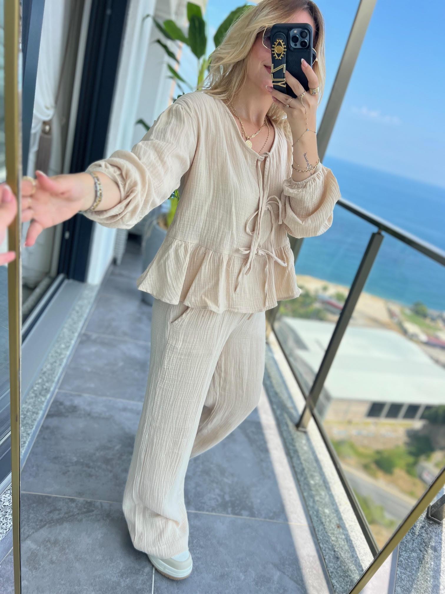 8666 Bağlamalı Gömlek Pantalon Takım BEJ