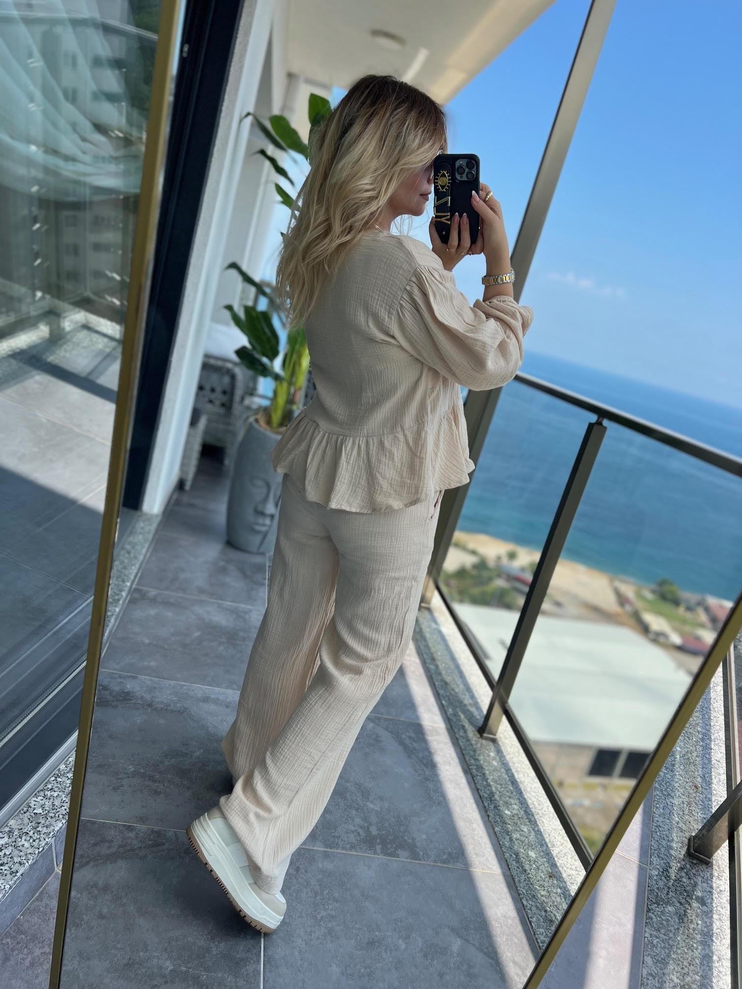 8666 Bağlamalı Gömlek Pantalon Takım BEJ