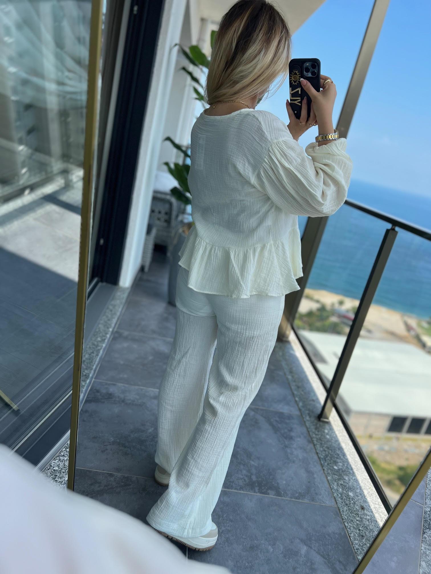 8666 Bağlamalı Gömlek Pantalon Takım EKRU