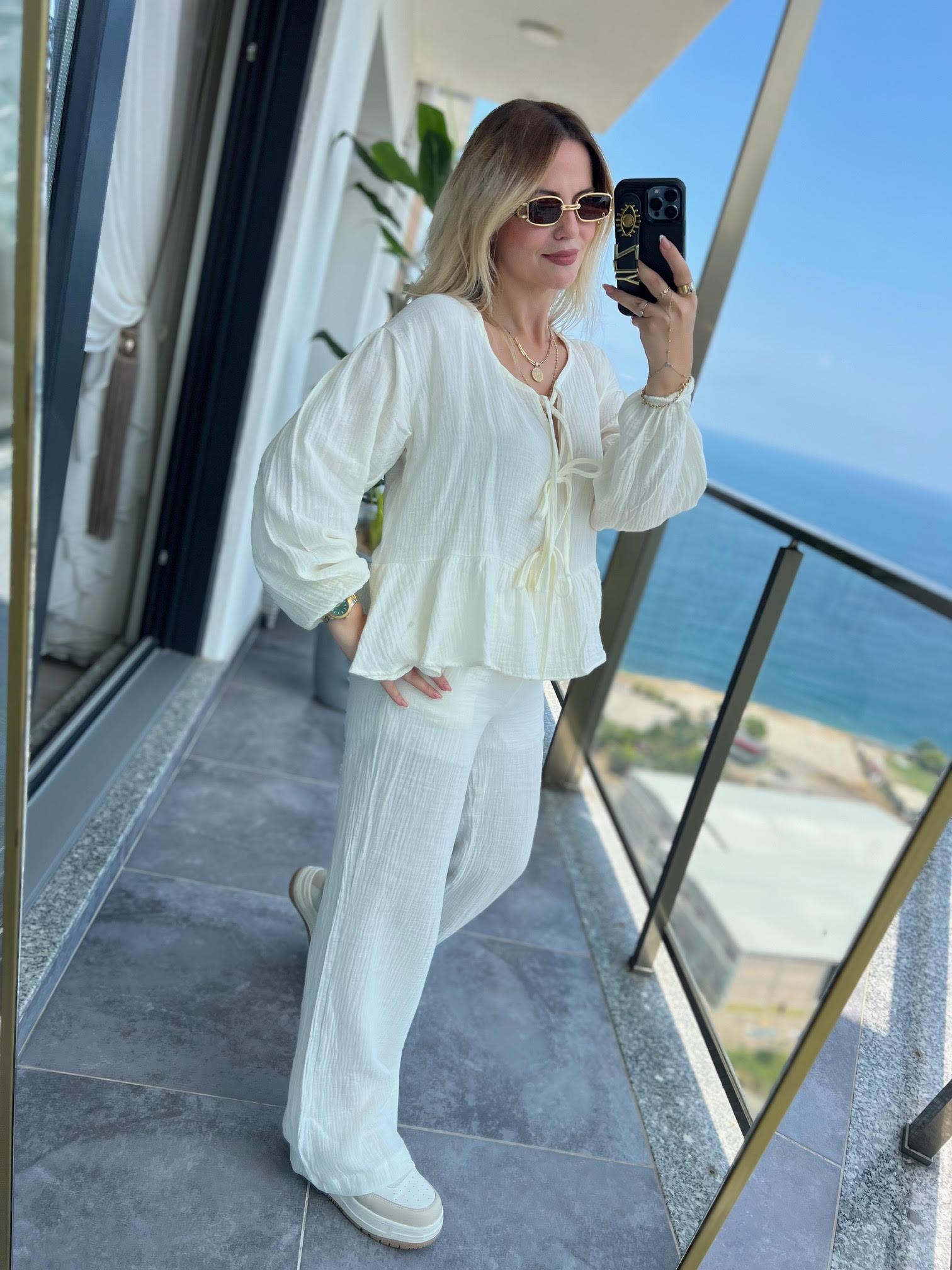 8666 Bağlamalı Gömlek Pantalon Takım EKRU