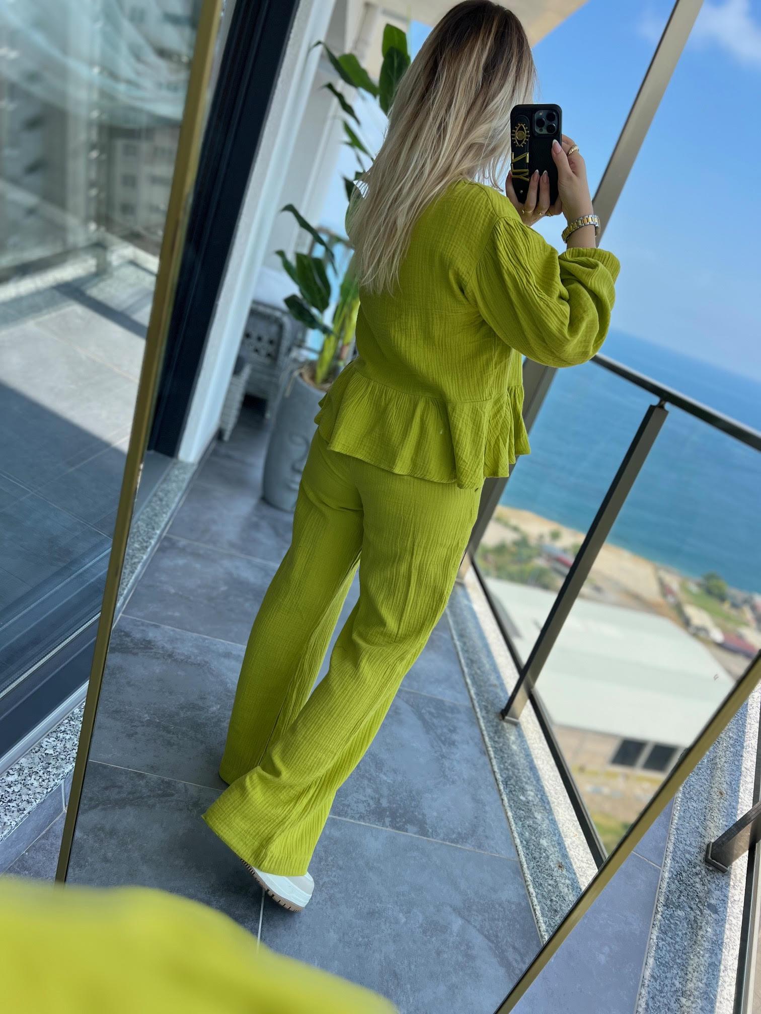 8666 Bağlamalı Gömlek Pantalon Takım FISTIK YEŞİLİ