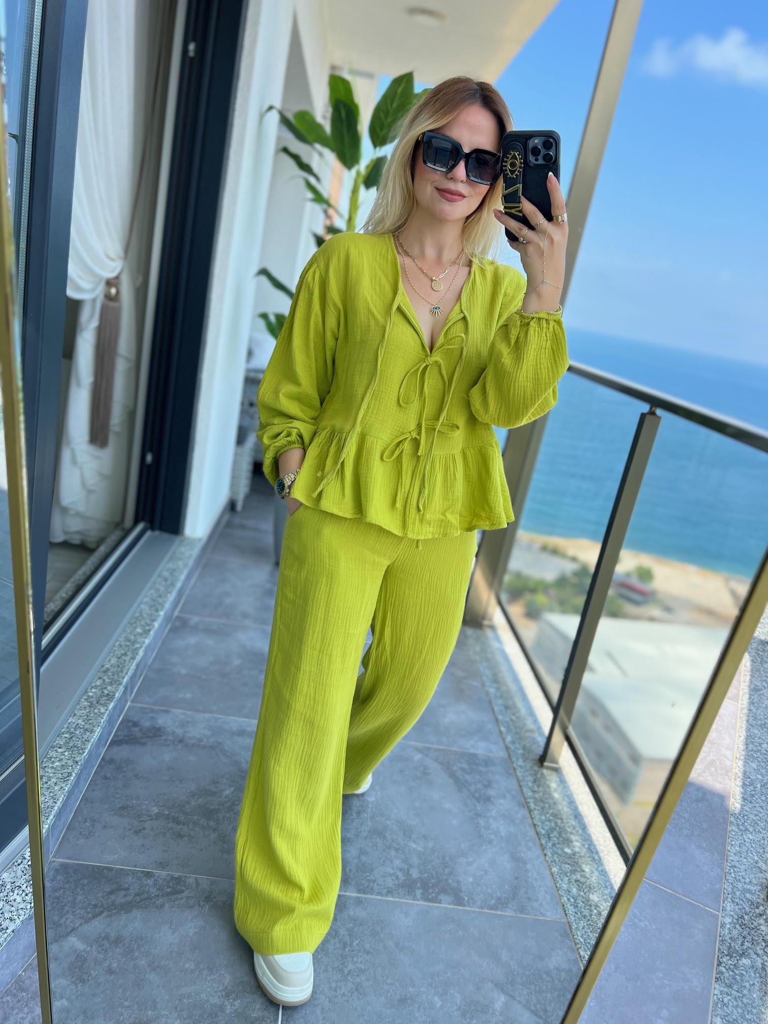 8666 Bağlamalı Gömlek Pantalon Takım FISTIK YEŞİLİ