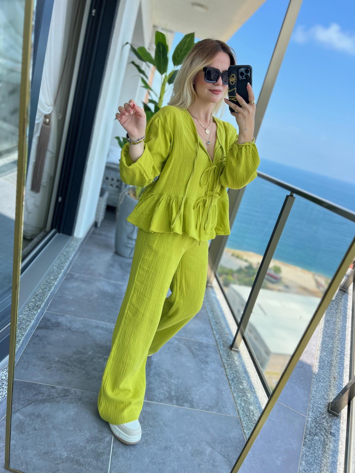 8666 Bağlamalı Gömlek Pantalon Takım FISTIK YEŞİLİ
