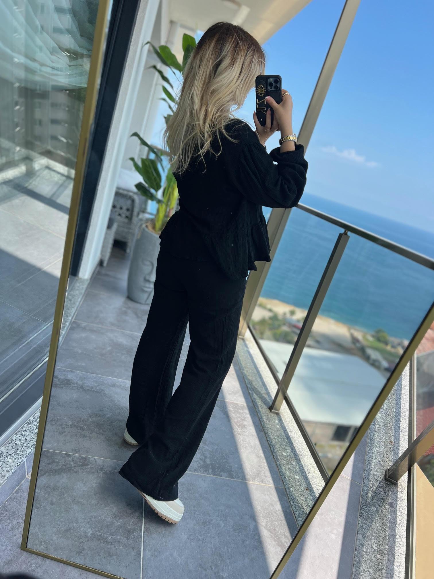 8666 Bağlamalı Gömlek Pantalon Takım SİYAH