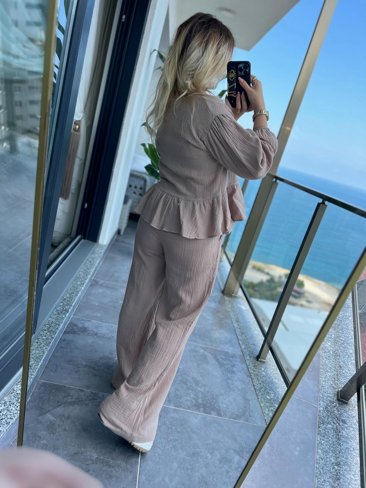 8666 Bağlamalı Gömlek Pantalon Takım VİZON