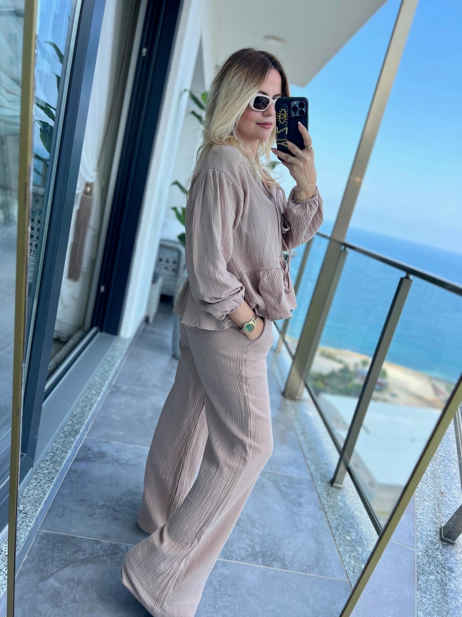8666 Bağlamalı Gömlek Pantalon Takım VİZON