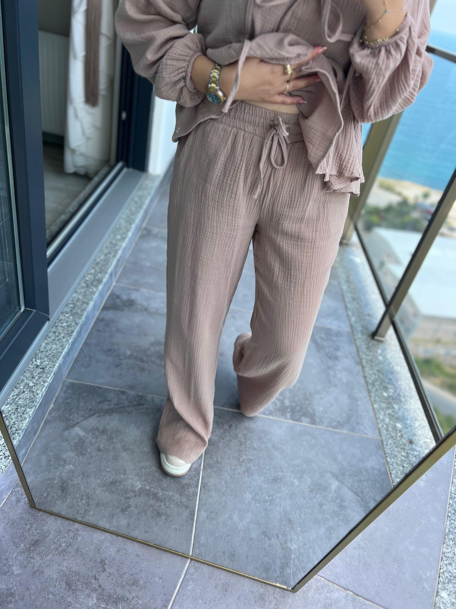 8666 Bağlamalı Gömlek Pantalon Takım VİZON