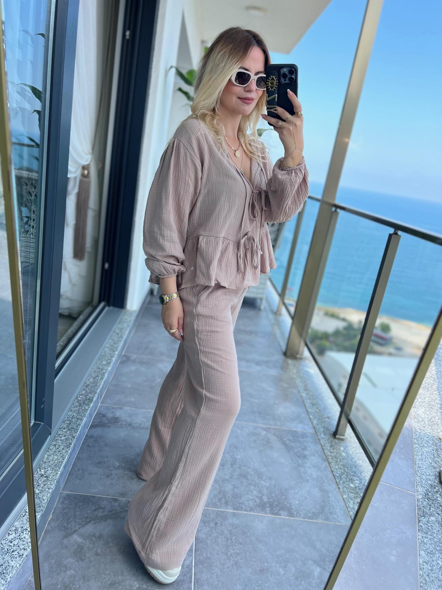 8666 Bağlamalı Gömlek Pantalon Takım VİZON