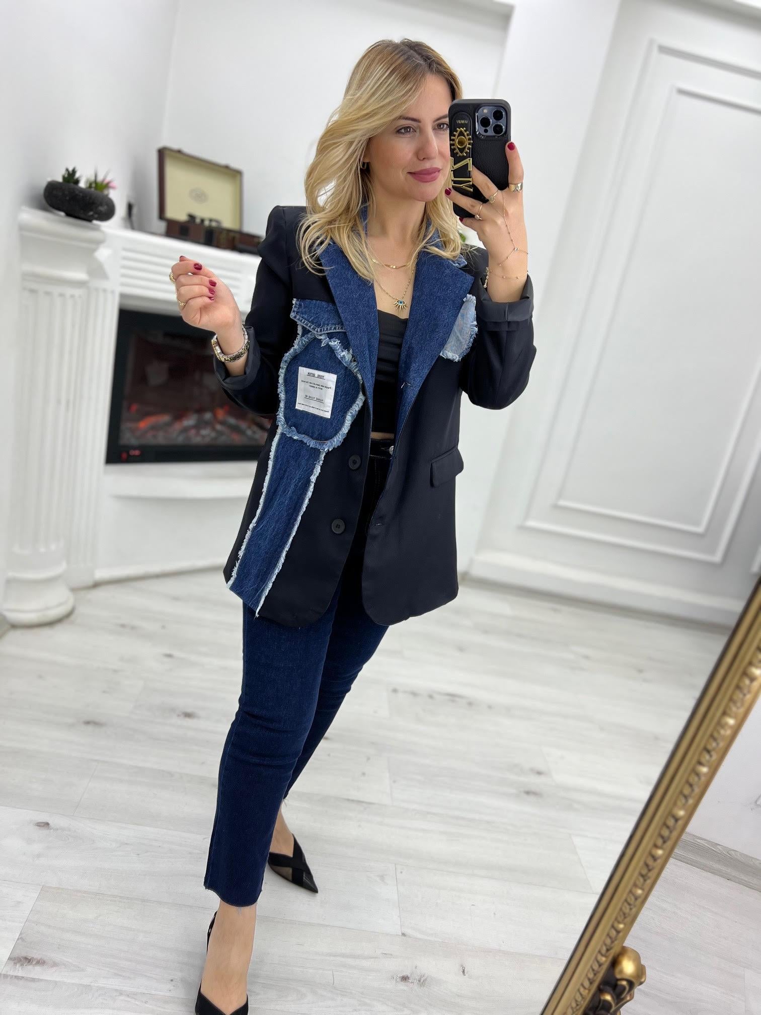 88619 Jean Detaylı Ceket SİYAH