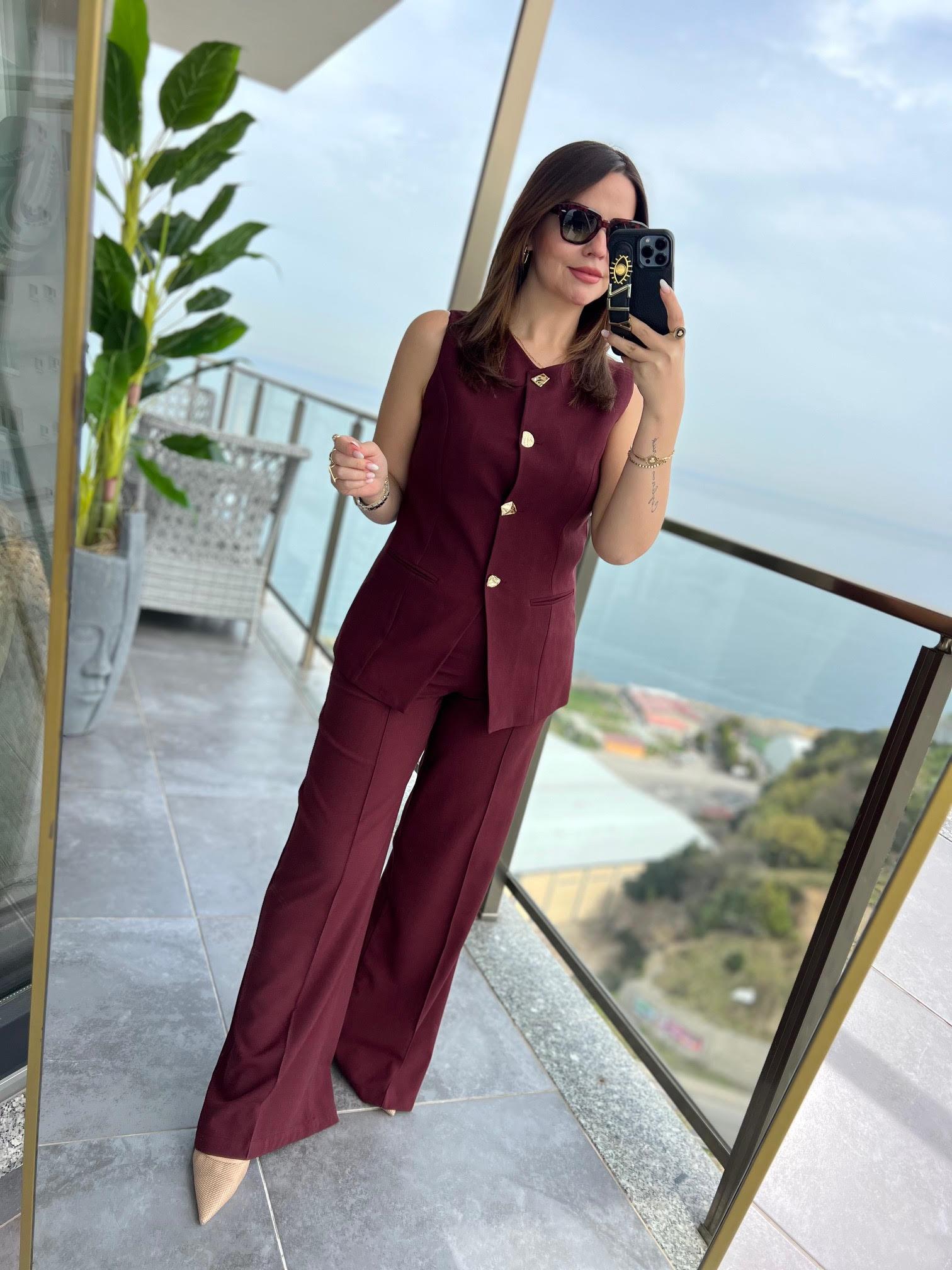 9193 Karma Düğmeli Takım BORDO