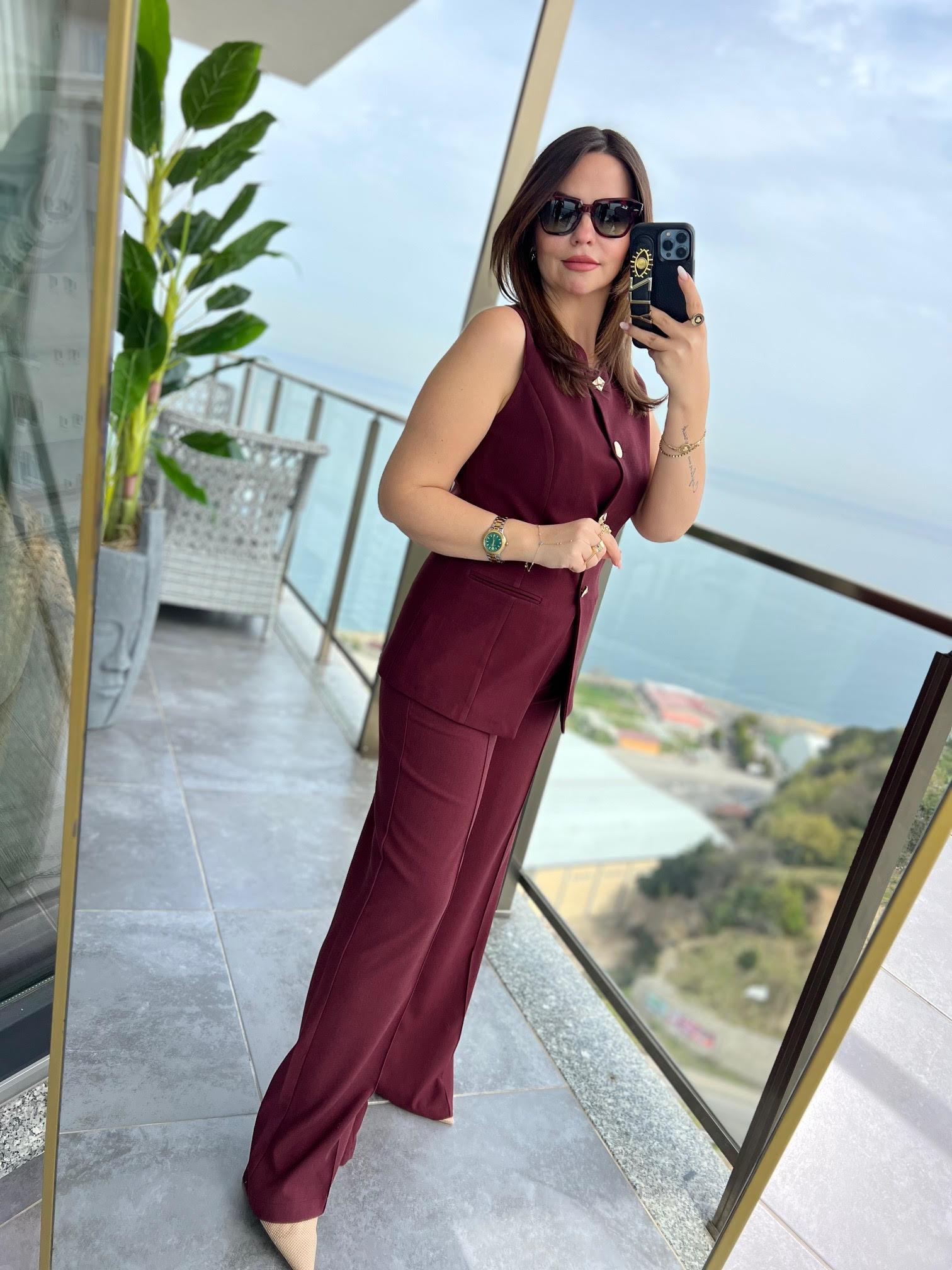 9193 Karma Düğmeli Takım BORDO