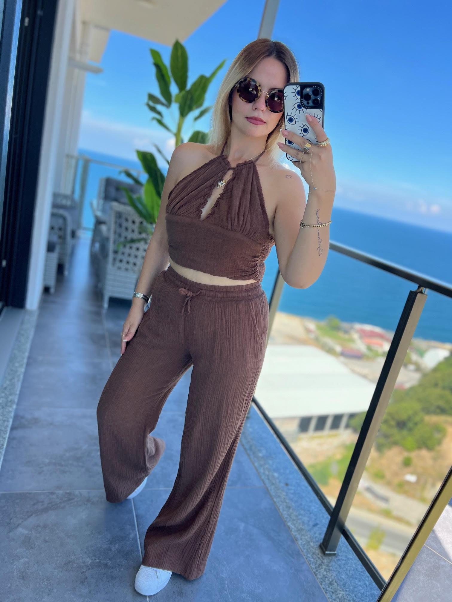 98658 Crop Pantolon Yakım KAHVE