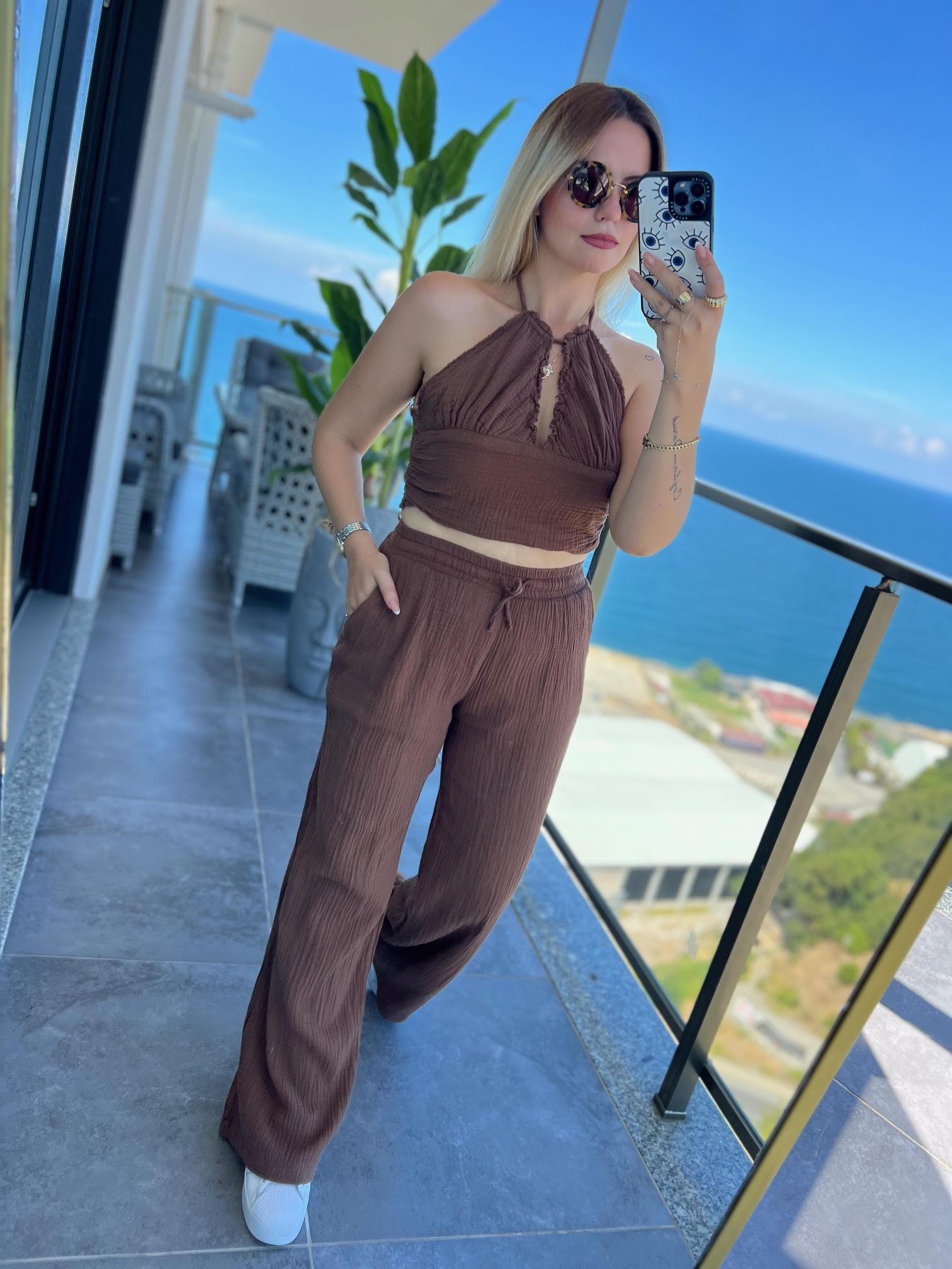 98658 Crop Pantolon Yakım KAHVE