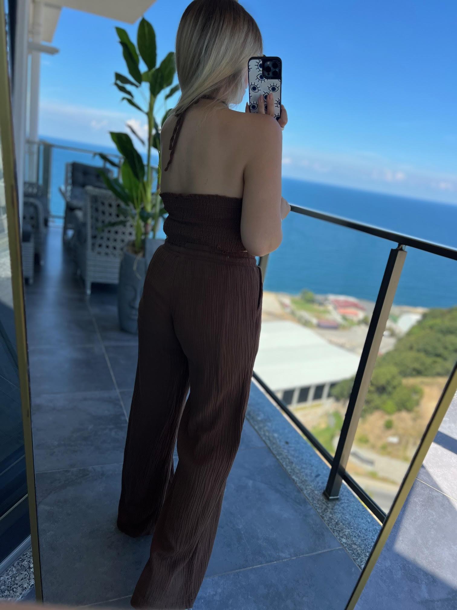 98658 Crop Pantolon Yakım KAHVE